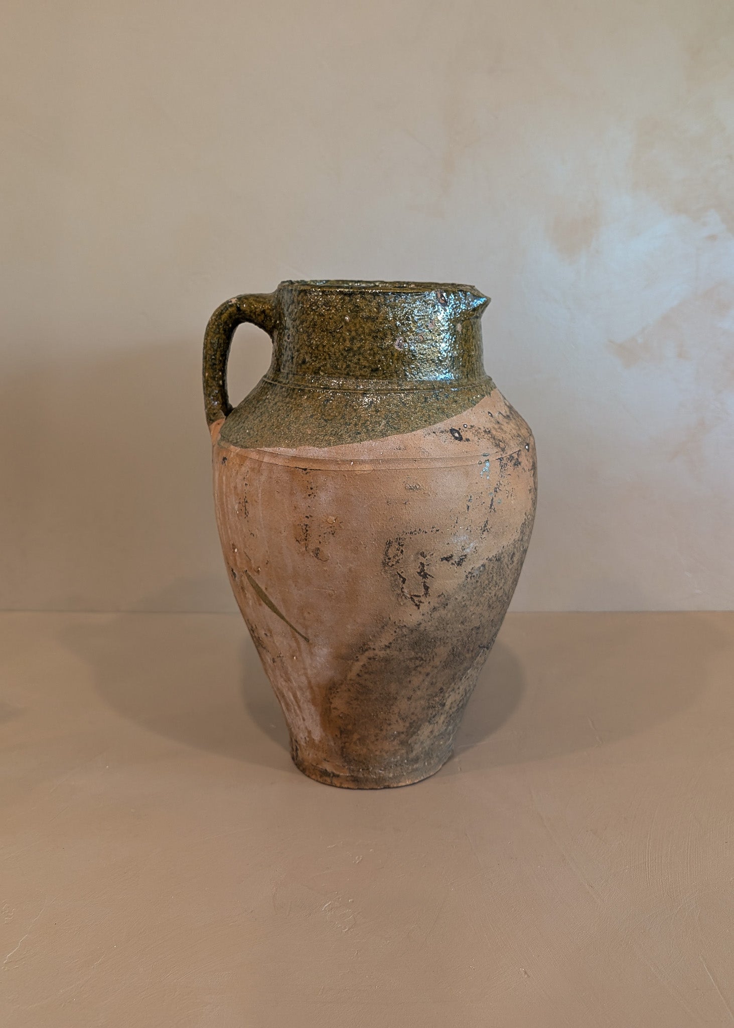 Vintage Turkish Olive Oil Jug with Green Glazed Rim