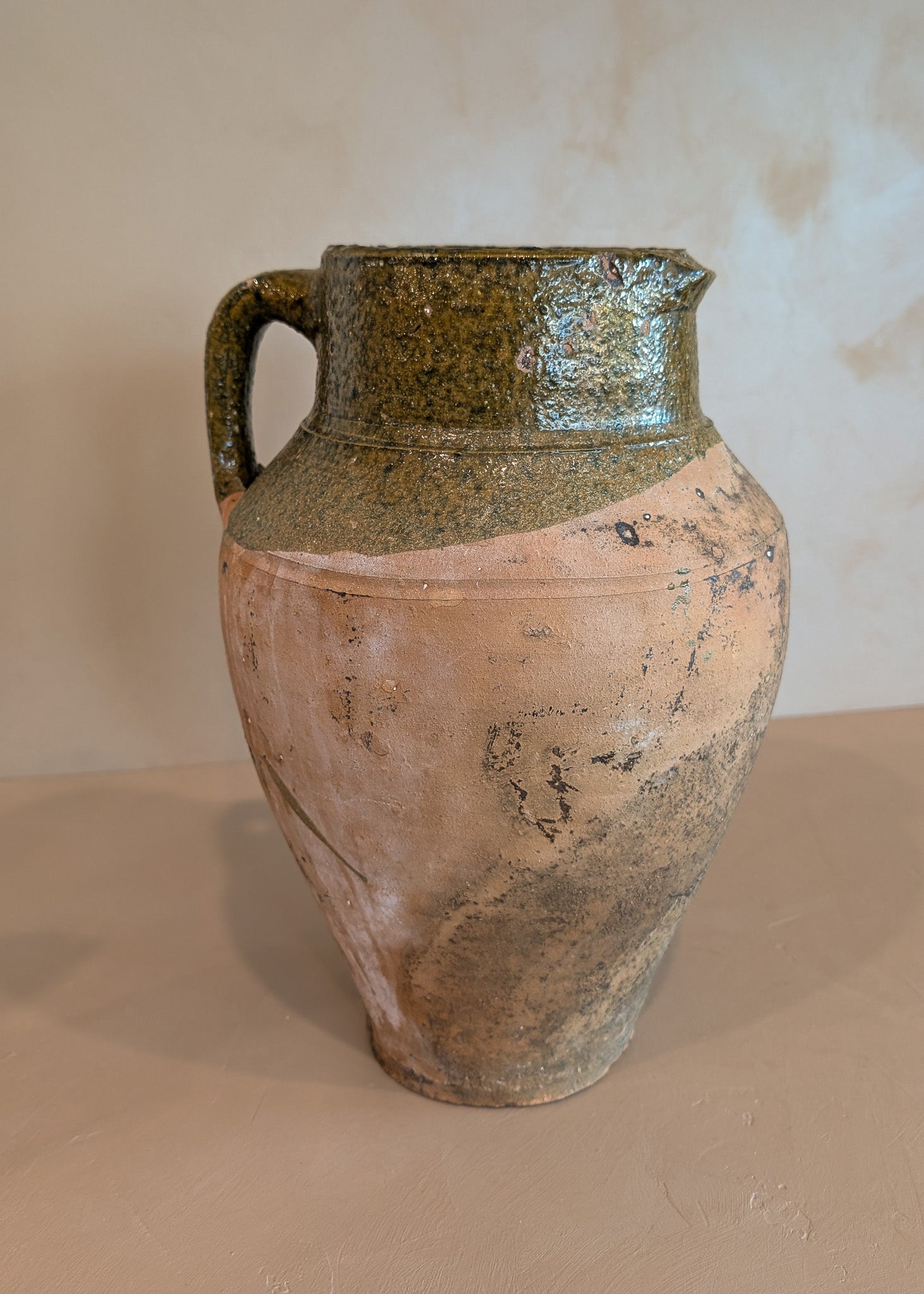 Vintage Turkish Olive Oil Jug with Green Glazed Rim