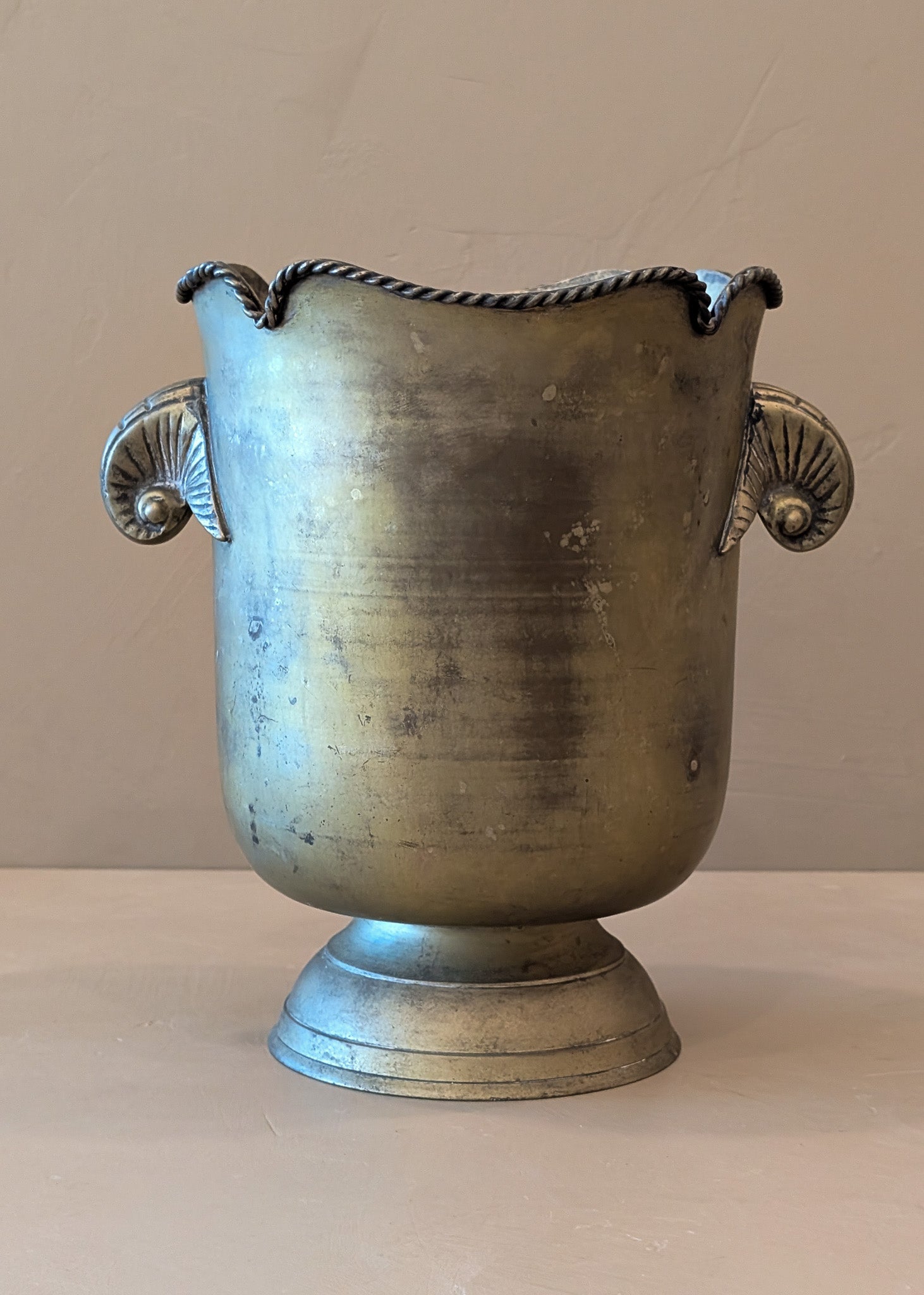 Vintage Metal Champagne Bucket with Nautilus Shell Motif Handles