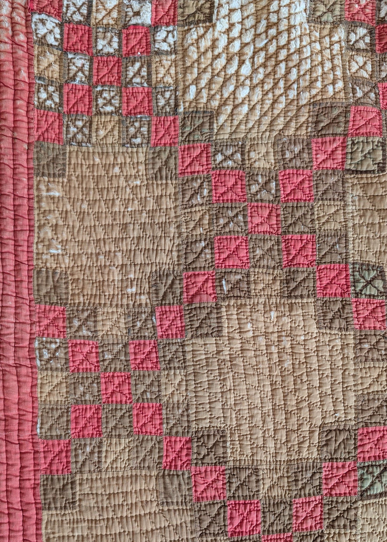 1880s/1890s Antique Brown and Red Double Irish Chain Quilt with Homespun Backing Fabric 86" x 67"