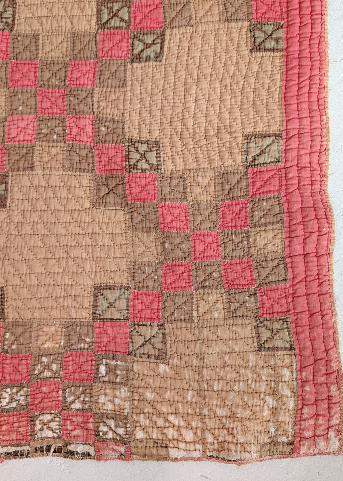 1880s/1890s Antique Brown and Red Double Irish Chain Quilt with Homespun Backing Fabric 86" x 67"