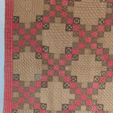 1880s/1890s Antique Brown and Red Double Irish Chain Quilt with Homespun Backing Fabric 86" x 67"