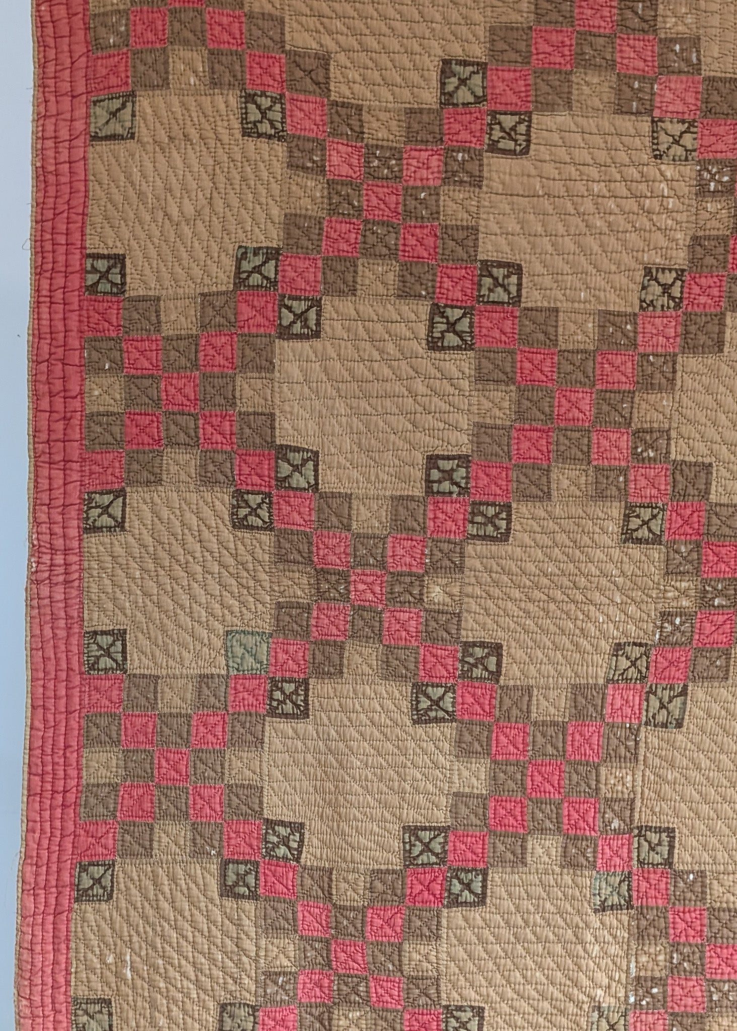 1880s/1890s Antique Brown and Red Double Irish Chain Quilt with Homespun Backing Fabric 86" x 67"