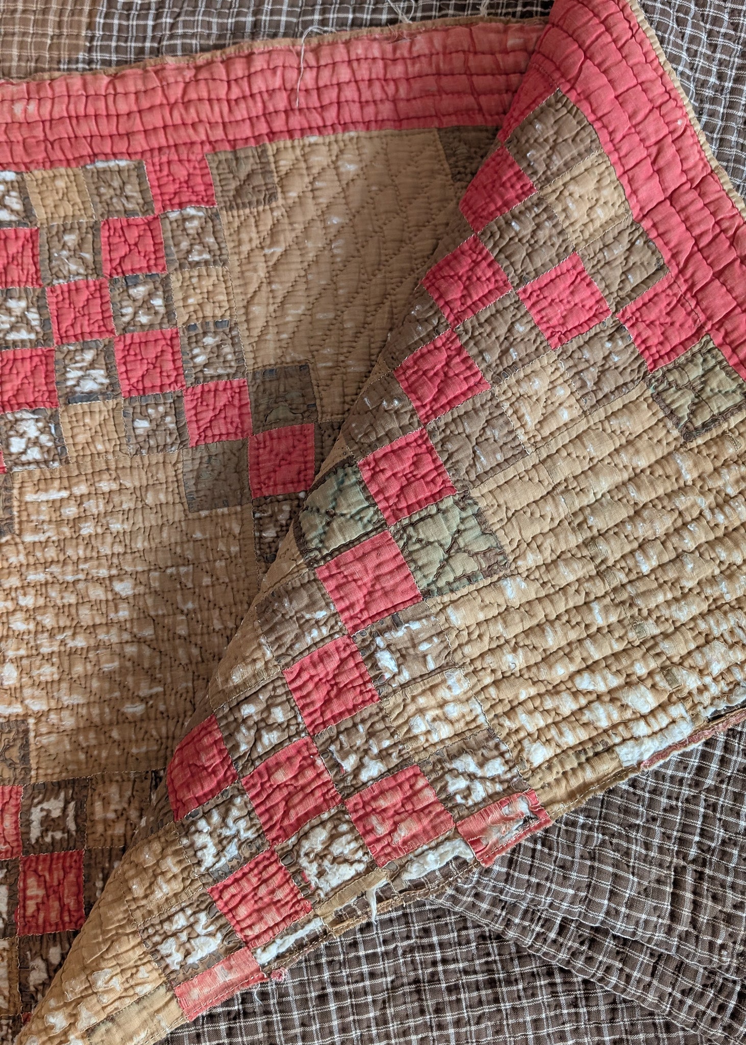 1880s/1890s Antique Brown and Red Double Irish Chain Quilt with Homespun Backing Fabric 86" x 67"