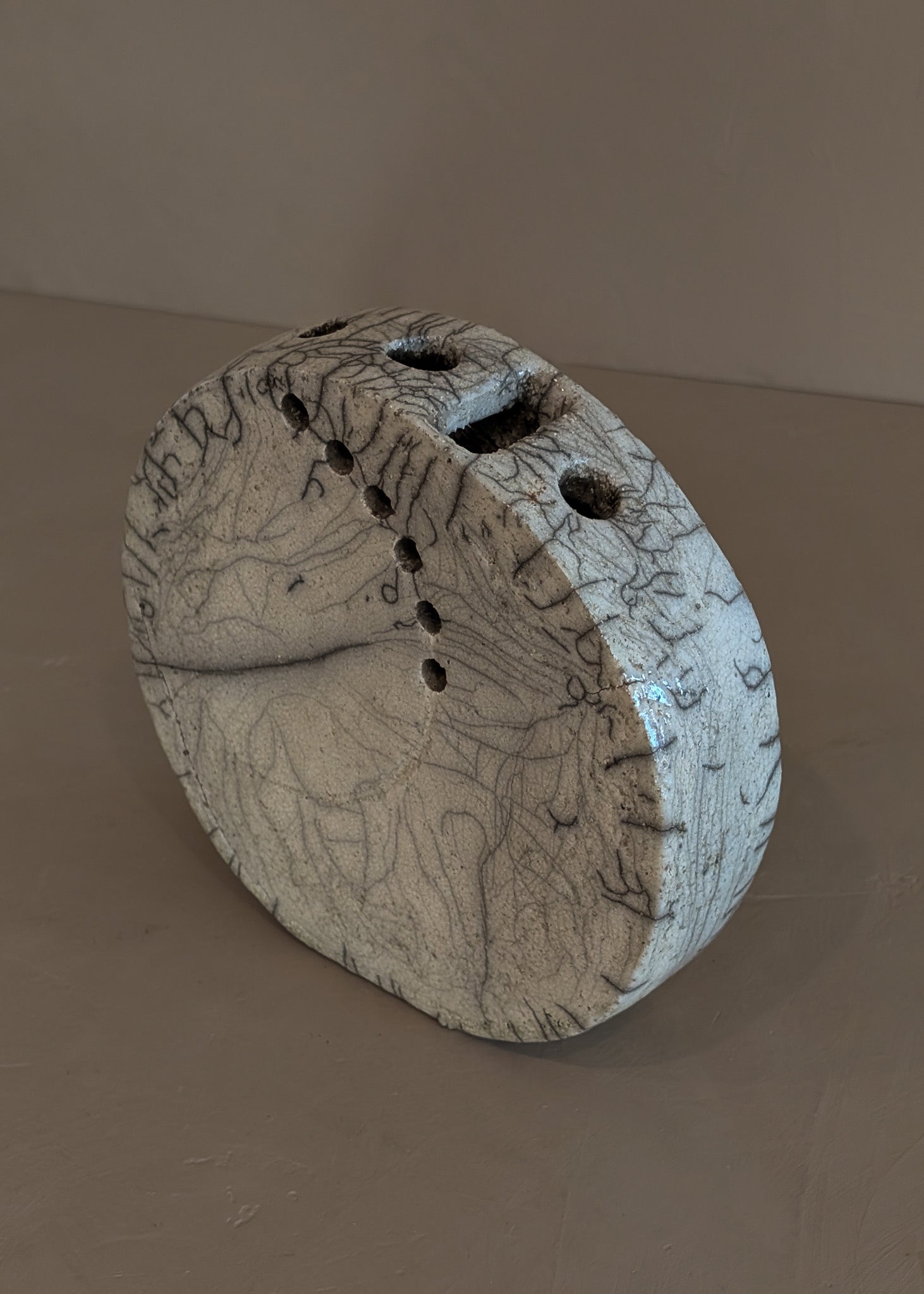 Unique Circular Raku Studio Pottery Slab Vase