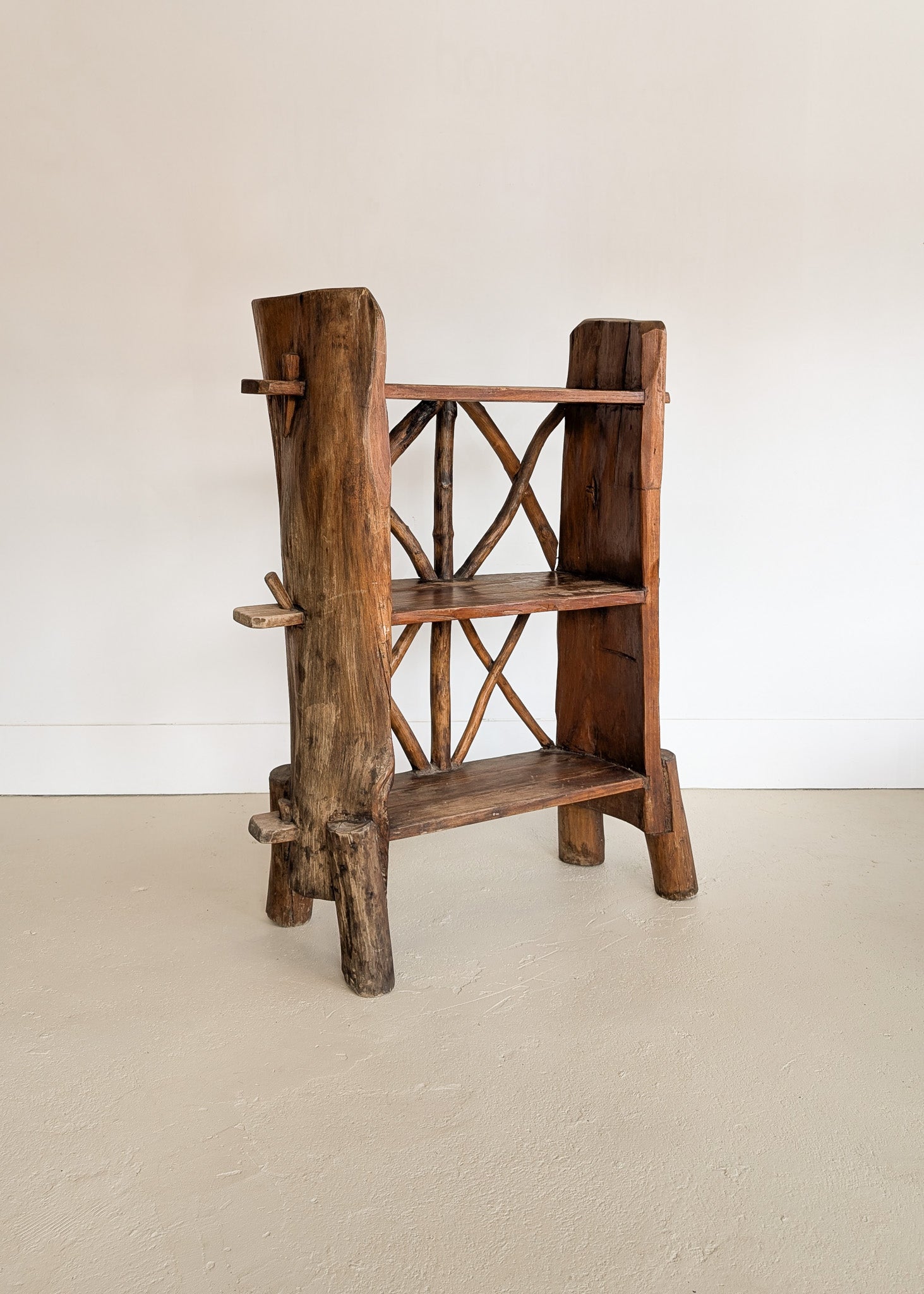 Midcentury French Primitive Wooden Bookcase with Mortise and Tusk Tenon Joints and "X" Back Detailing