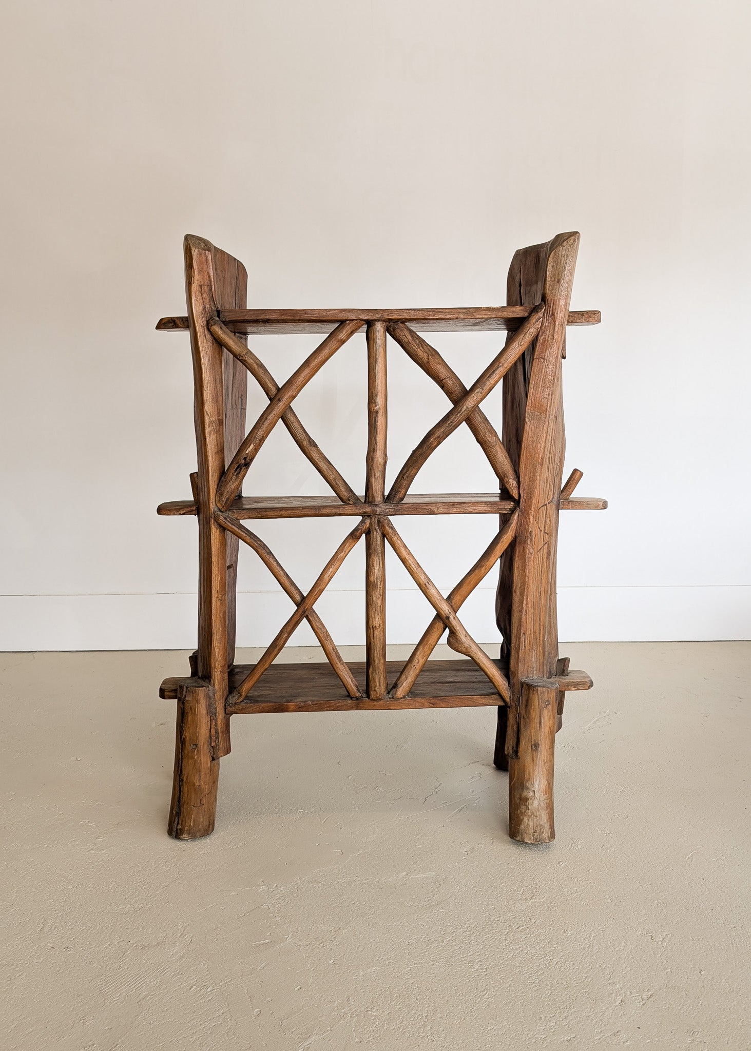 Midcentury French Primitive Wooden Bookcase with Mortise and Tusk Tenon Joints and "X" Back Detailing