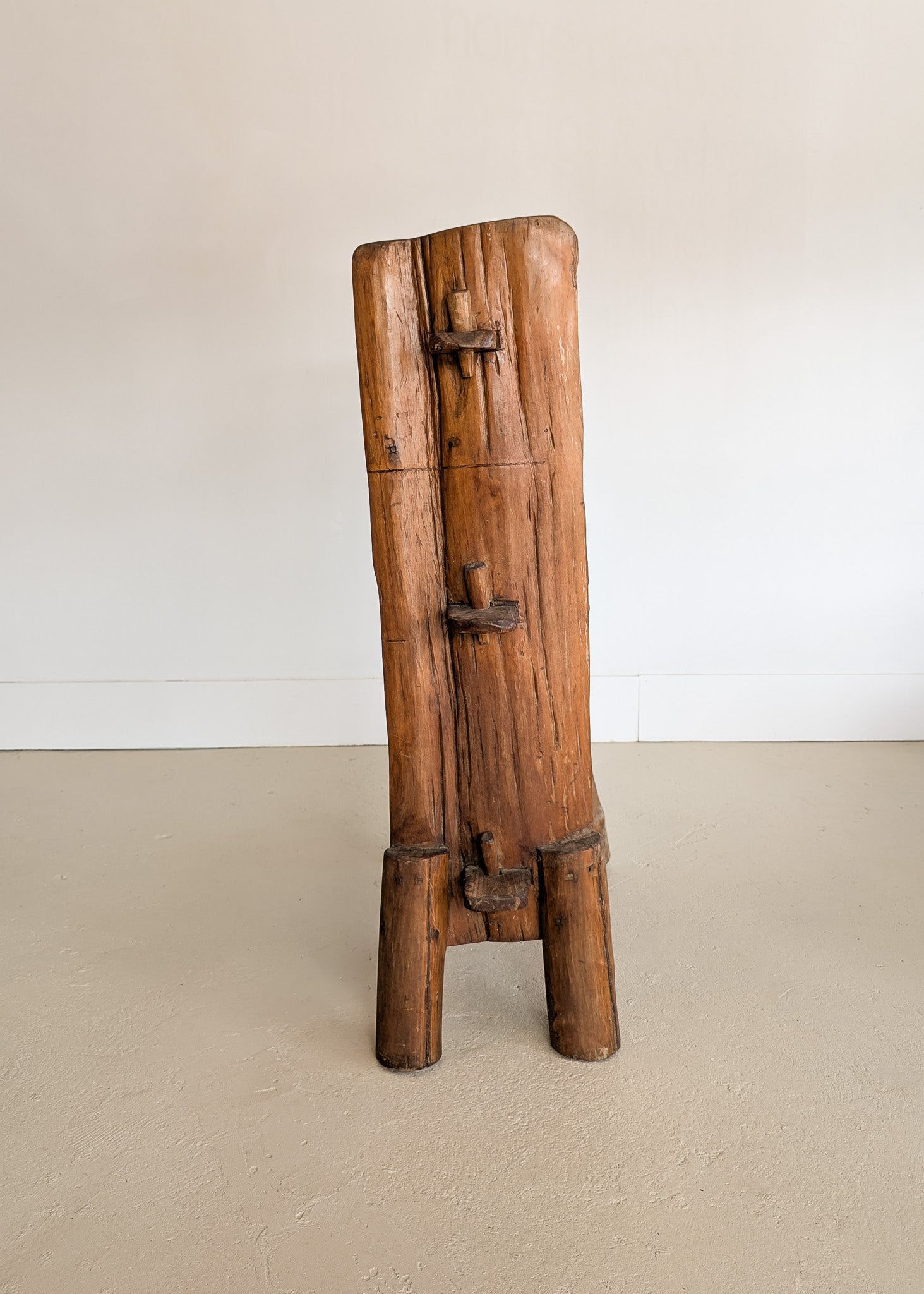 Midcentury French Primitive Wooden Bookcase with Mortise and Tusk Tenon Joints and "X" Back Detailing