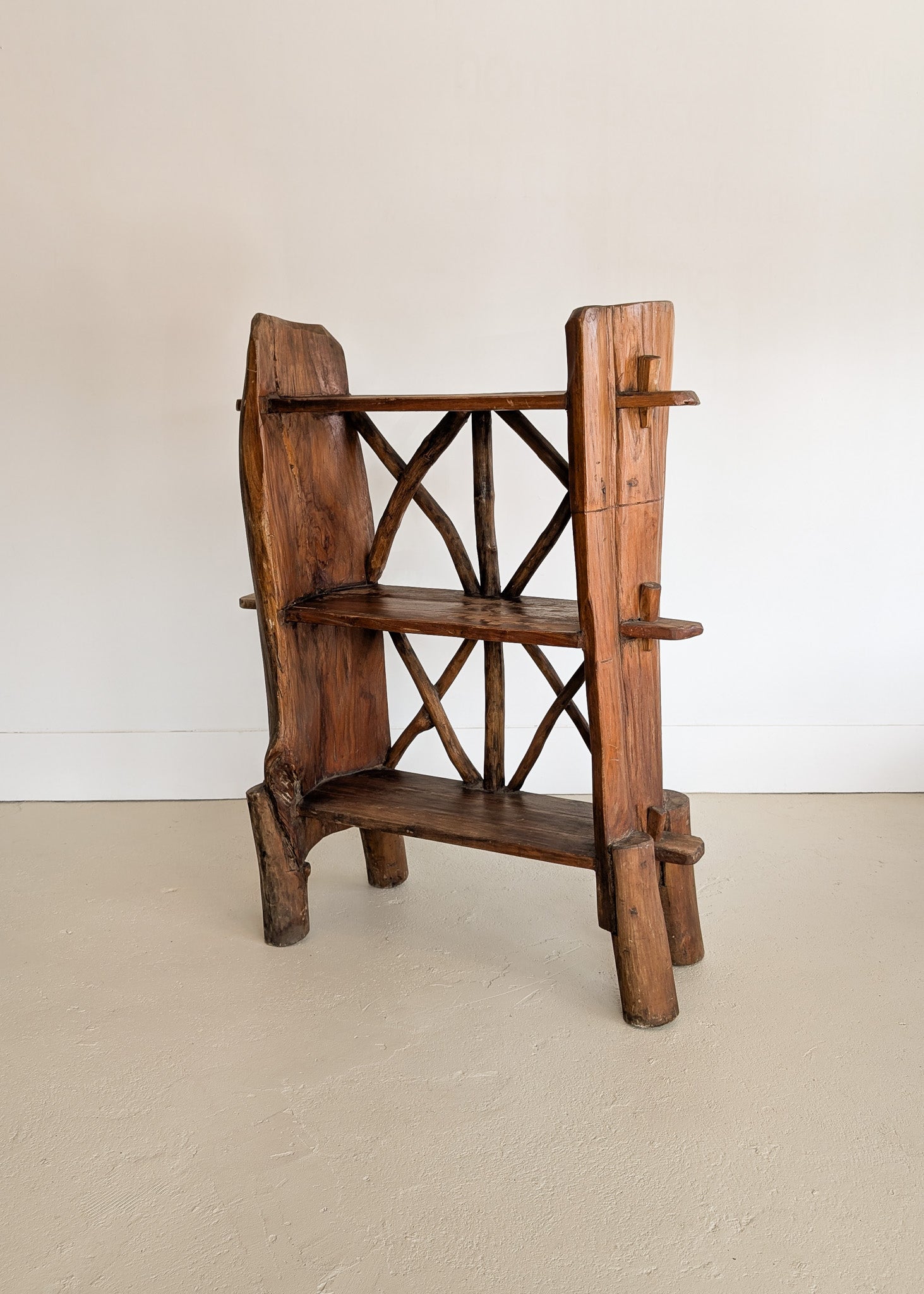 Midcentury French Primitive Wooden Bookcase with Mortise and Tusk Tenon Joints and "X" Back Detailing