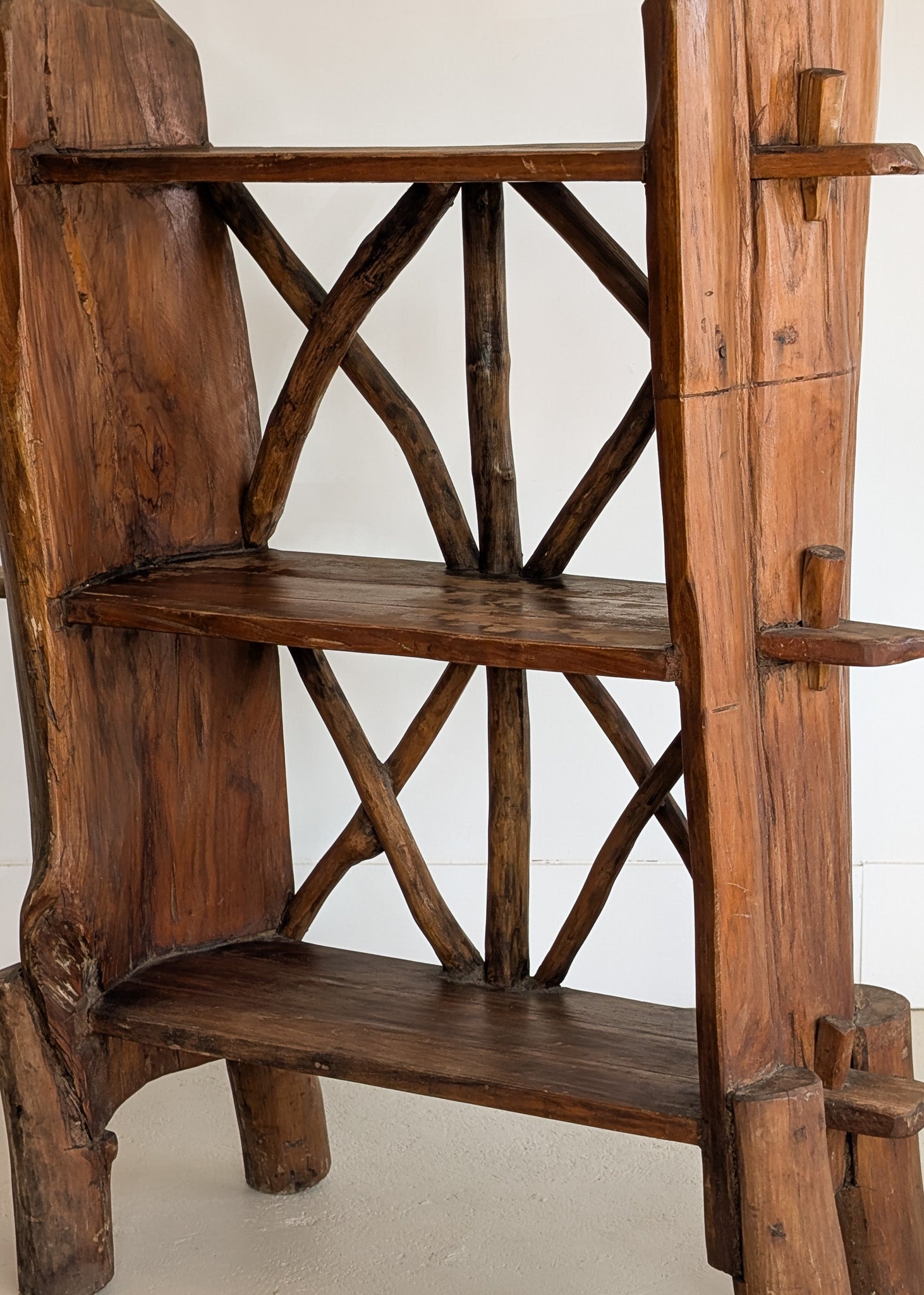 Midcentury French Primitive Wooden Bookcase with Mortise and Tusk Tenon Joints and "X" Back Detailing