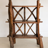 Midcentury French Primitive Wooden Bookcase with Mortise and Tusk Tenon Joints and "X" Back Detailing