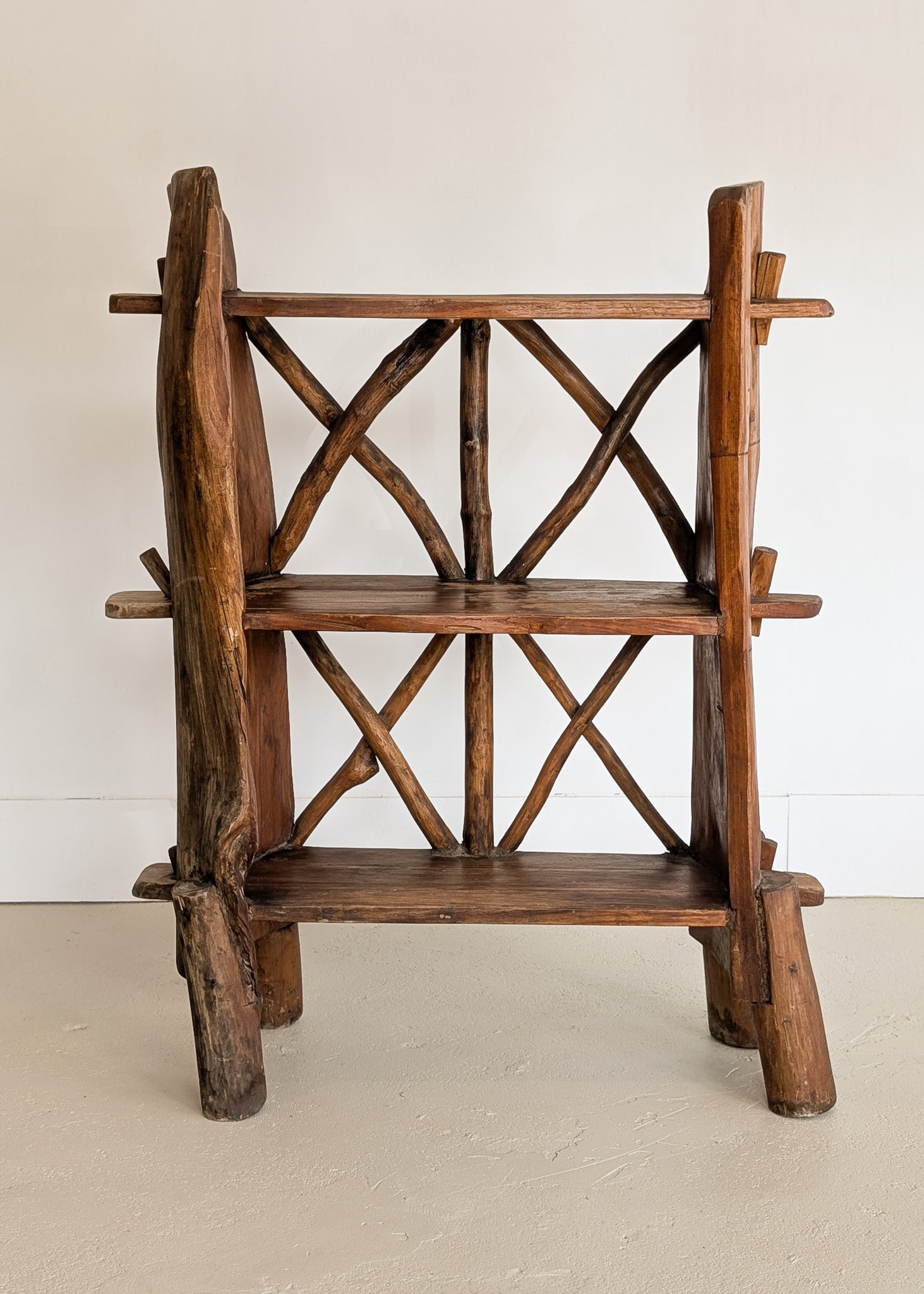 Midcentury French Primitive Wooden Bookcase with Mortise and Tusk Tenon Joints and "X" Back Detailing