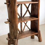 Midcentury French Primitive Wooden Bookcase with Mortise and Tusk Tenon Joints and "X" Back Detailing