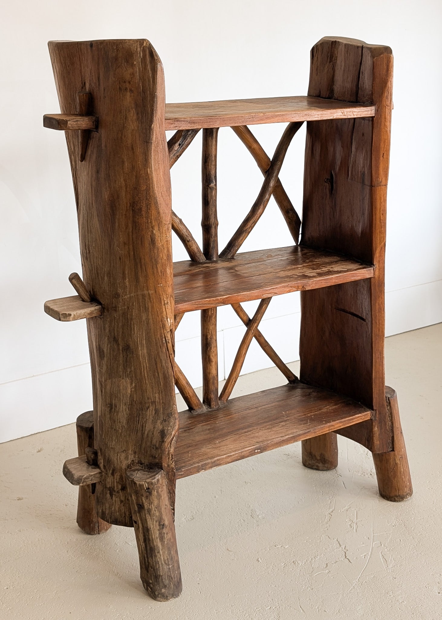 Midcentury French Primitive Wooden Bookcase with Mortise and Tusk Tenon Joints and "X" Back Detailing