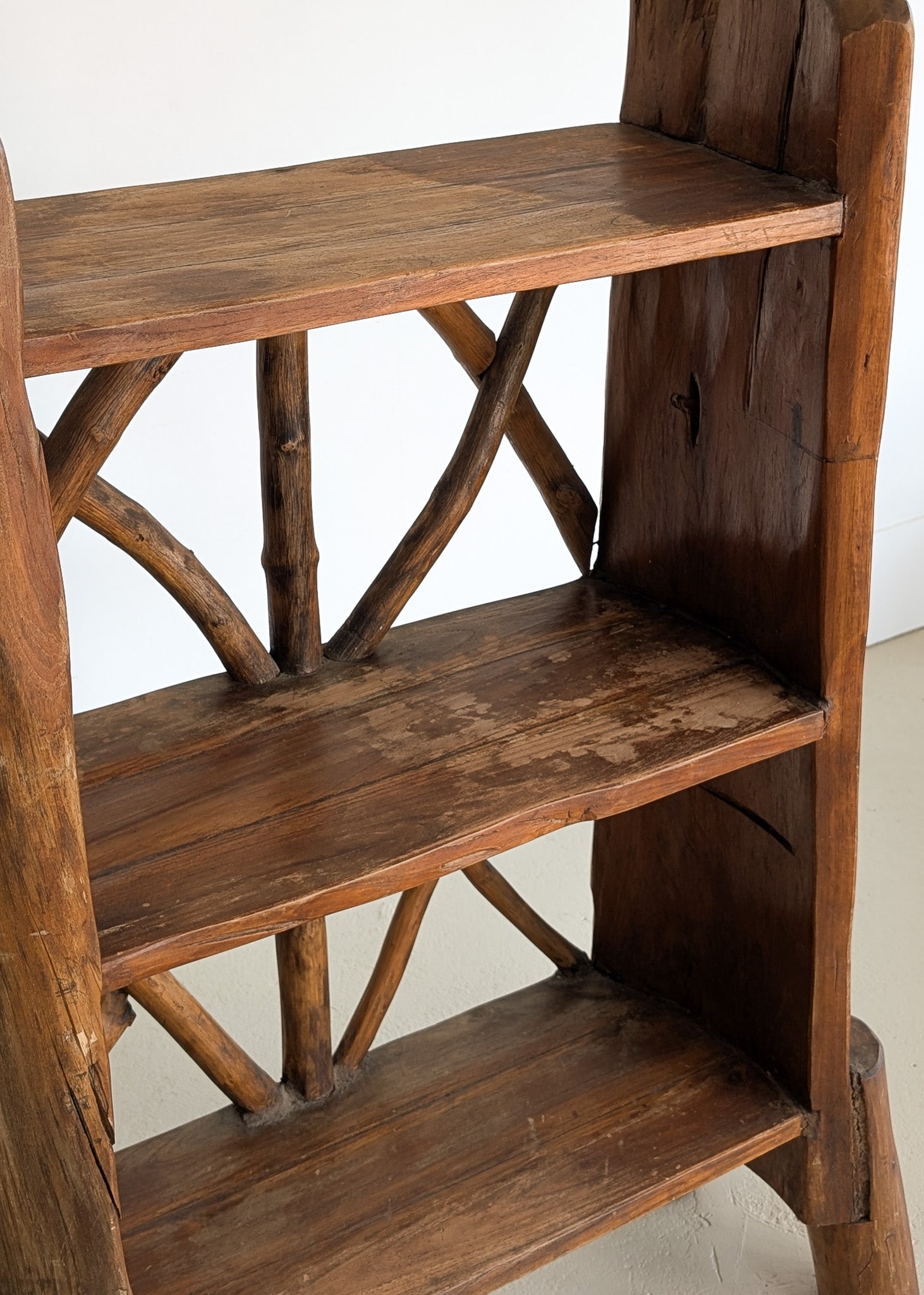 Midcentury French Primitive Wooden Bookcase with Mortise and Tusk Tenon Joints and "X" Back Detailing