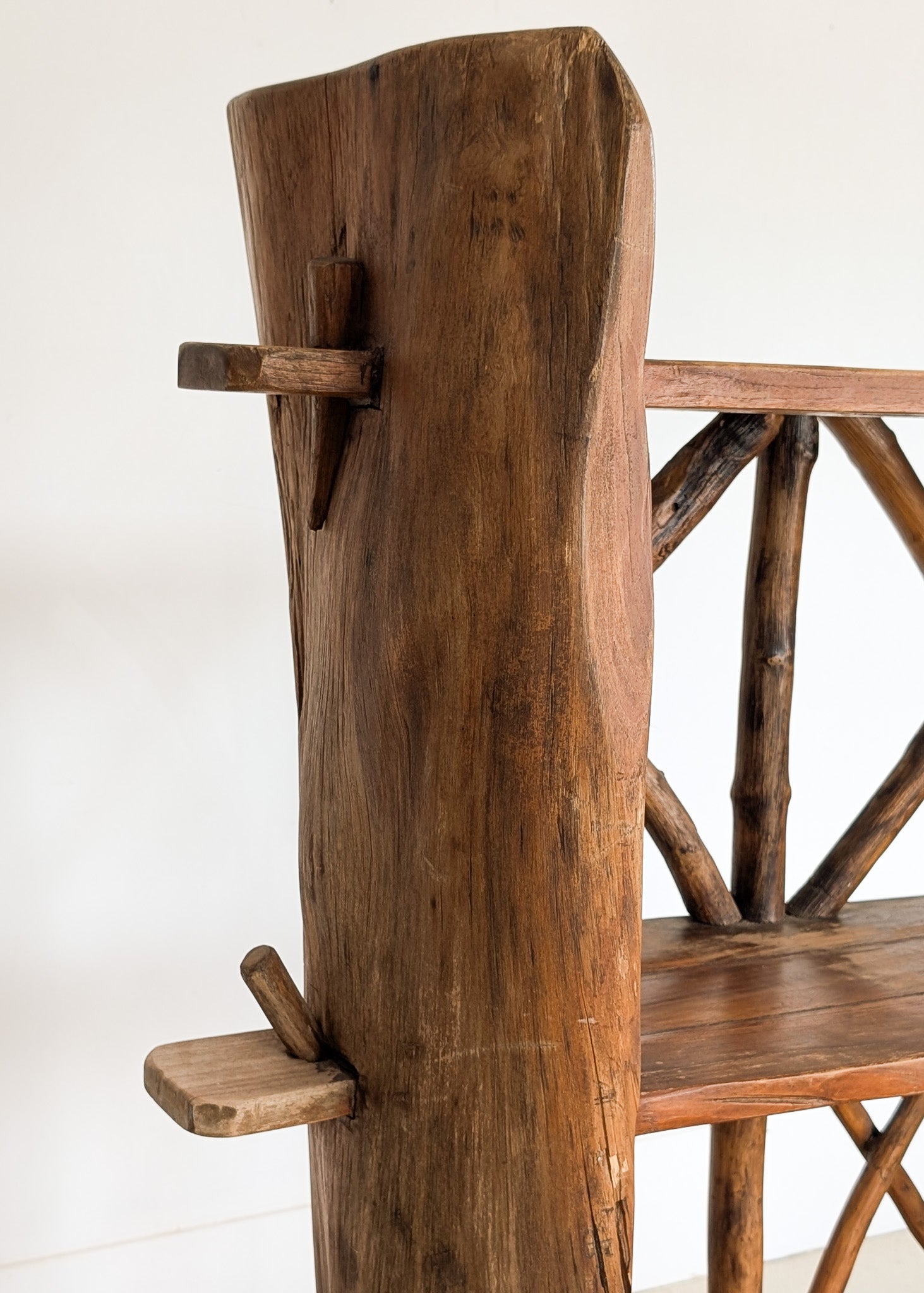 Midcentury French Primitive Wooden Bookcase with Mortise and Tusk Tenon Joints and "X" Back Detailing