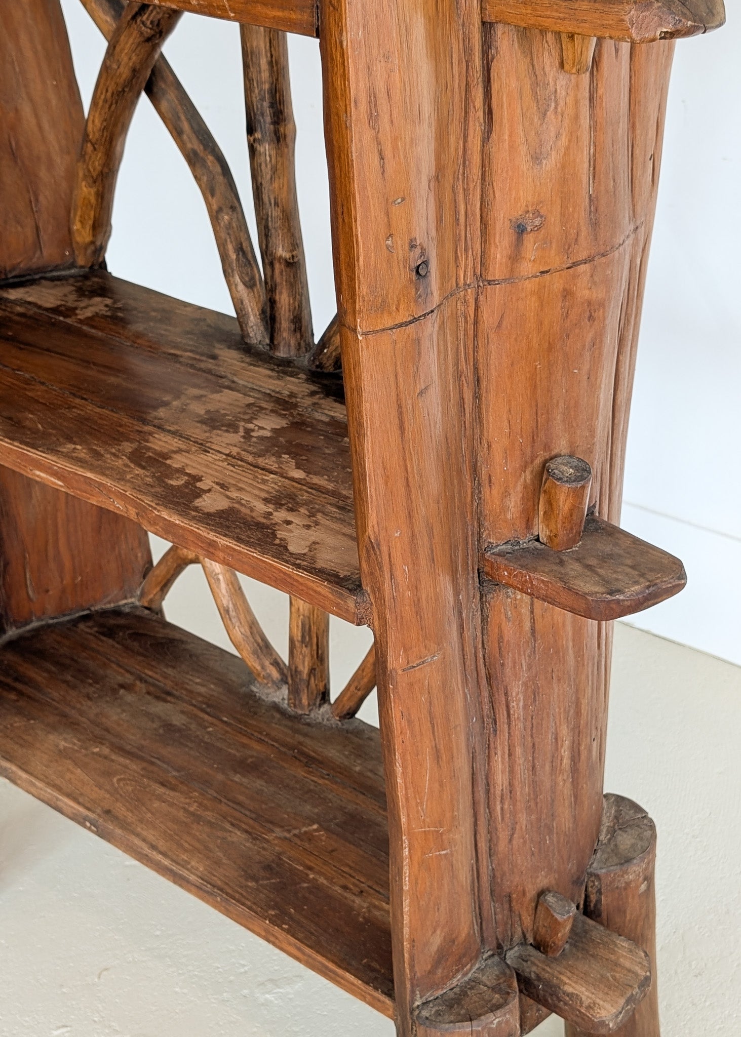 Midcentury French Primitive Wooden Bookcase with Mortise and Tusk Tenon Joints and "X" Back Detailing