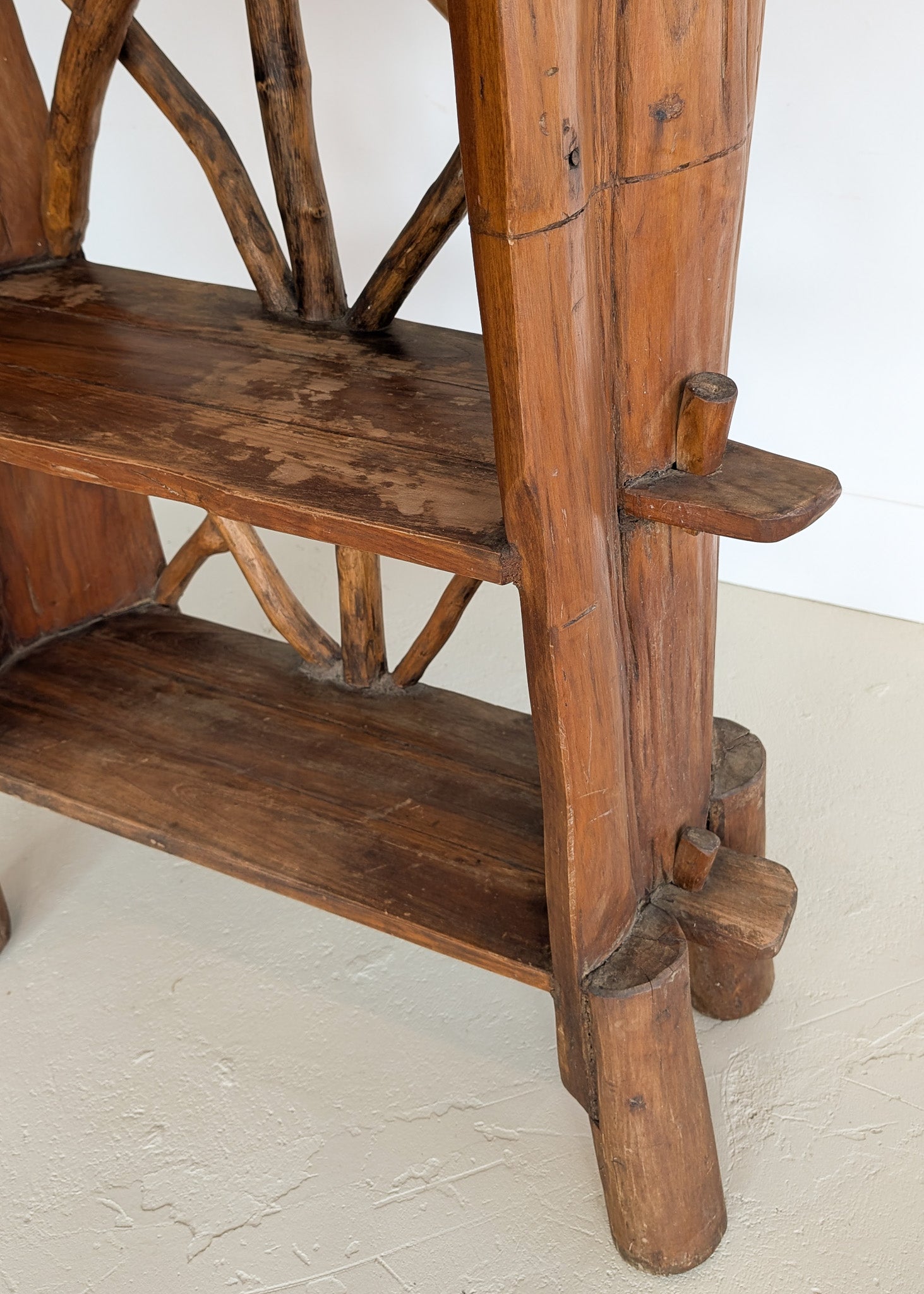 Midcentury French Primitive Wooden Bookcase with Mortise and Tusk Tenon Joints and "X" Back Detailing