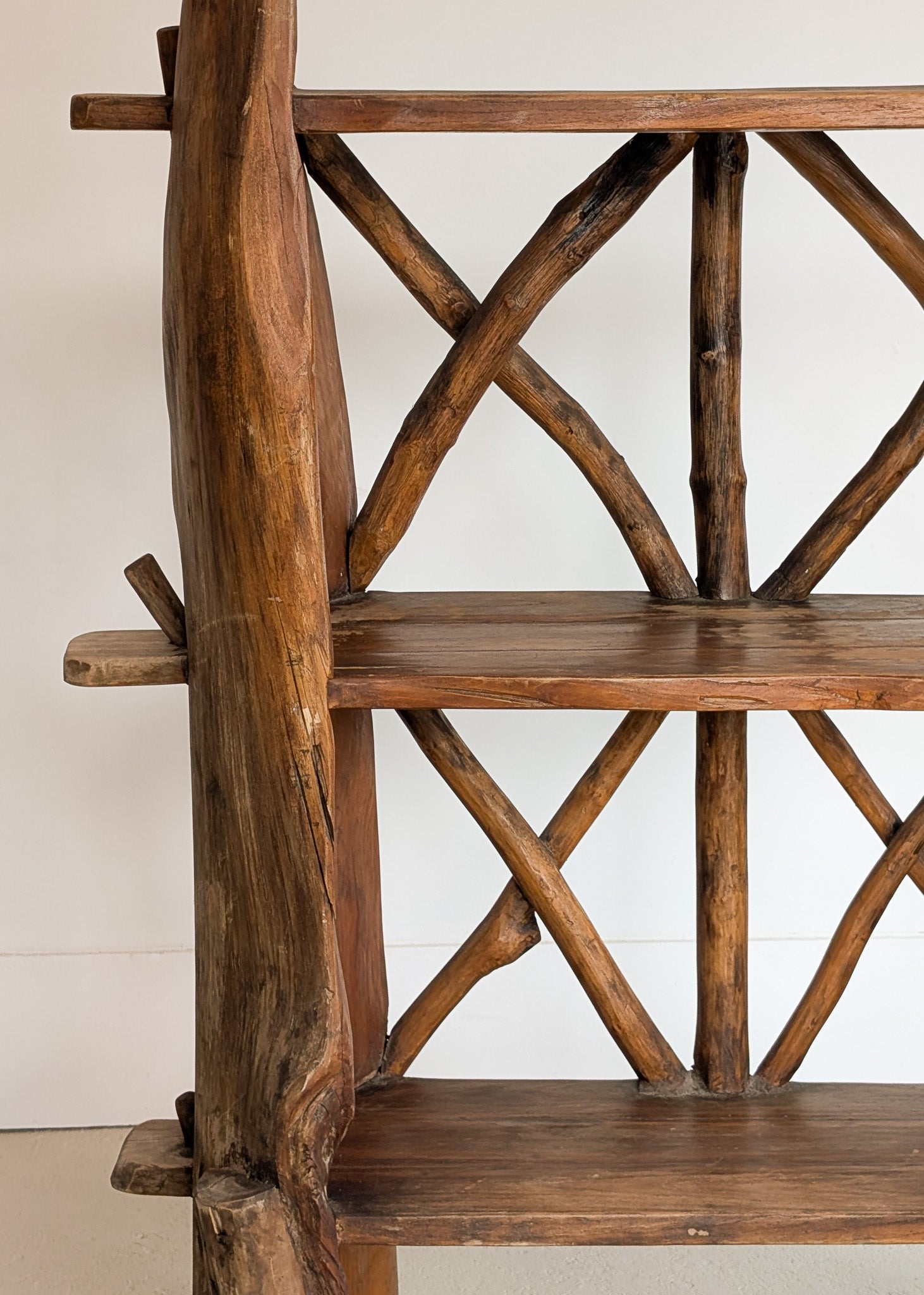 Midcentury French Primitive Wooden Bookcase with Mortise and Tusk Tenon Joints and "X" Back Detailing