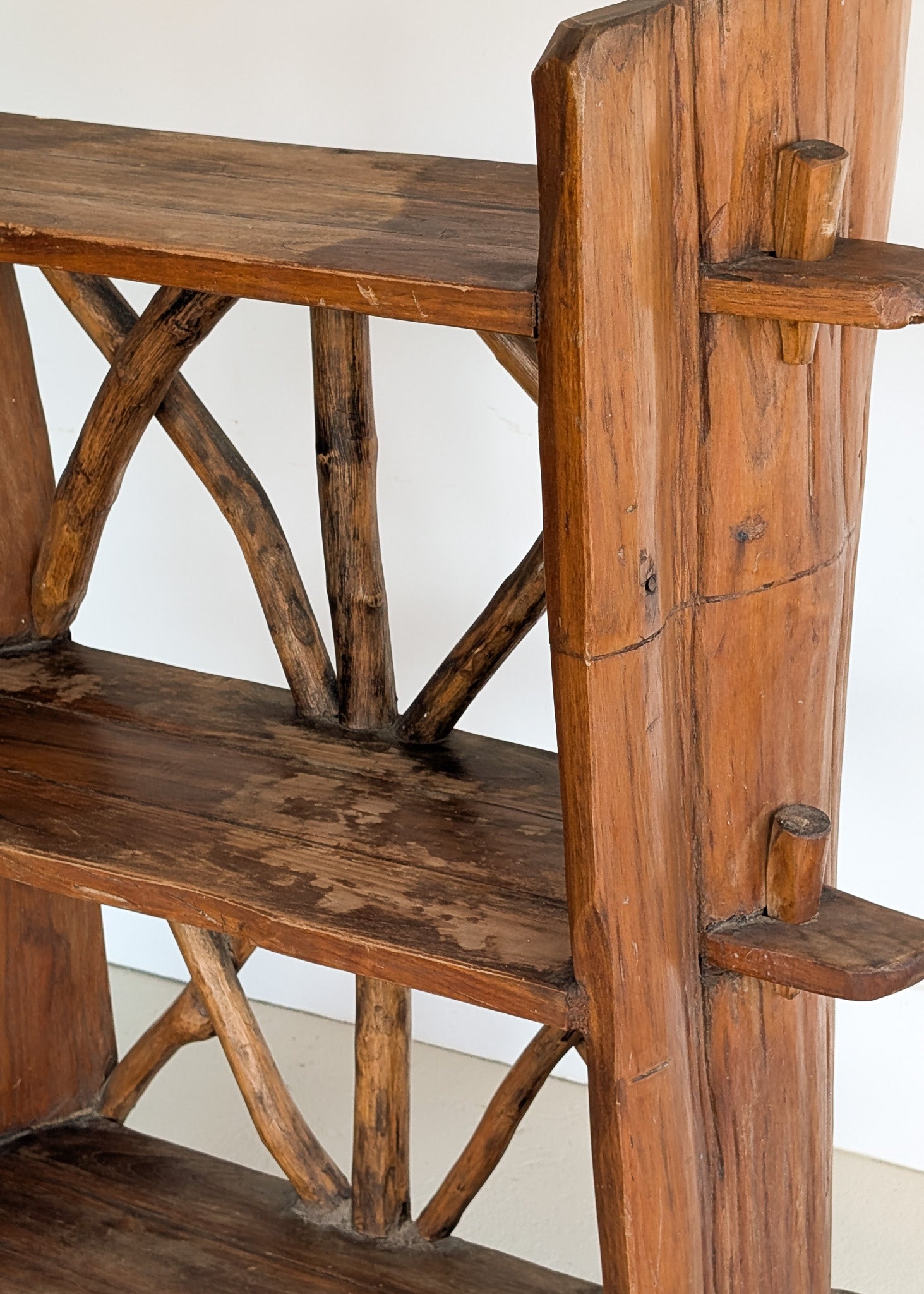 Midcentury French Primitive Wooden Bookcase with Mortise and Tusk Tenon Joints and "X" Back Detailing