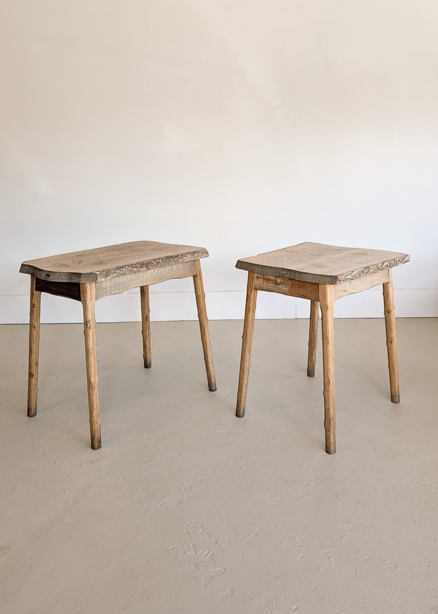 Pair of Midcentury French Brutalist Live Edge Elm Wood Side Tables