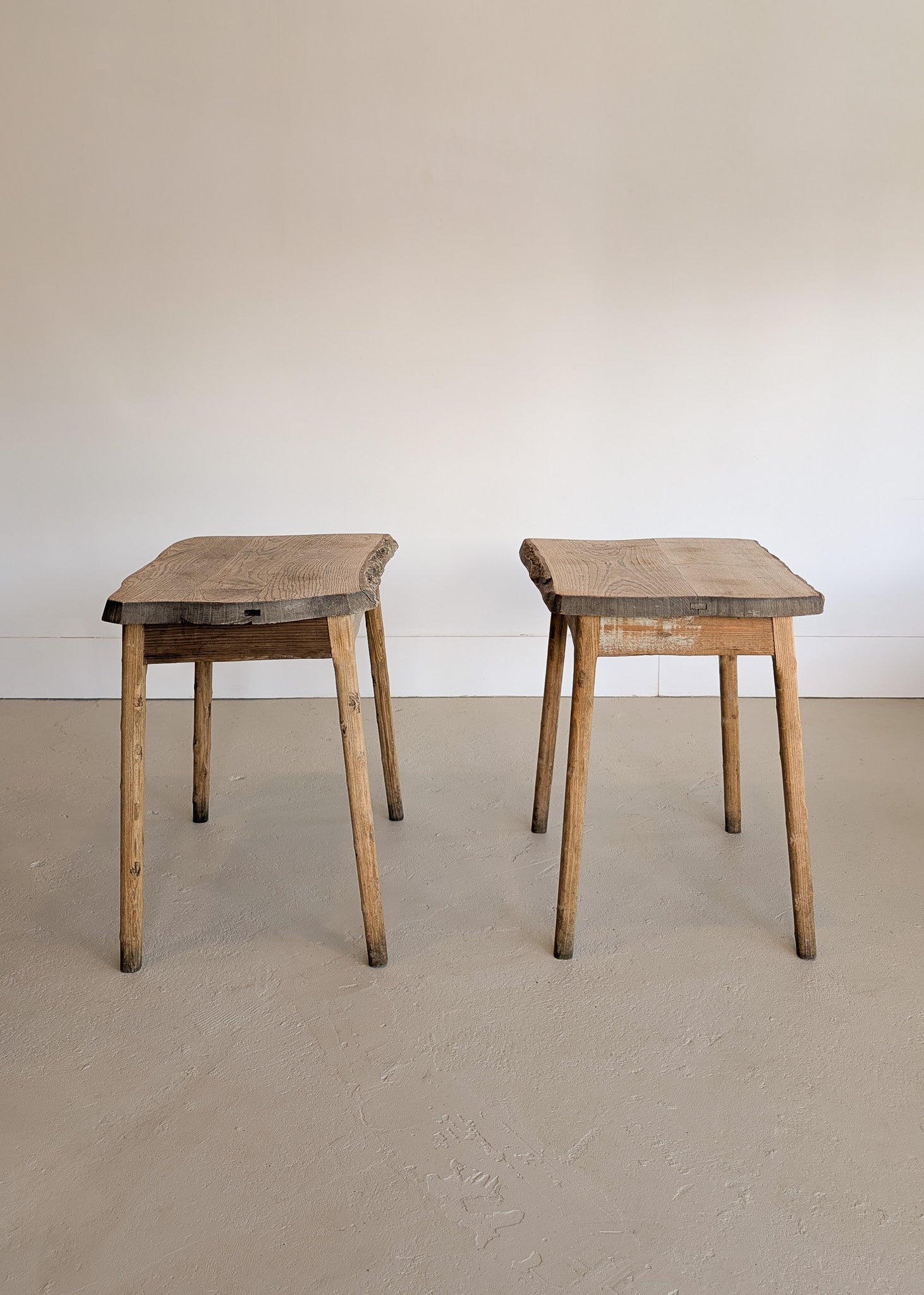 Pair of Midcentury French Brutalist Live Edge Elm Wood Side Tables