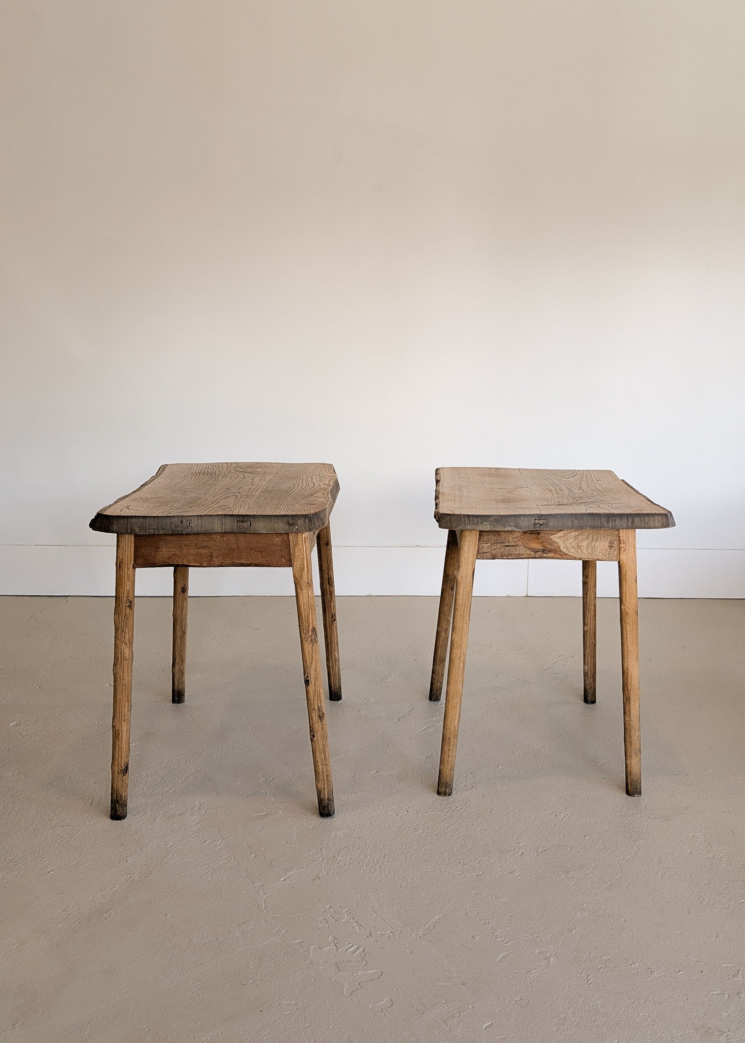 Pair of Midcentury French Brutalist Live Edge Elm Wood Side Tables