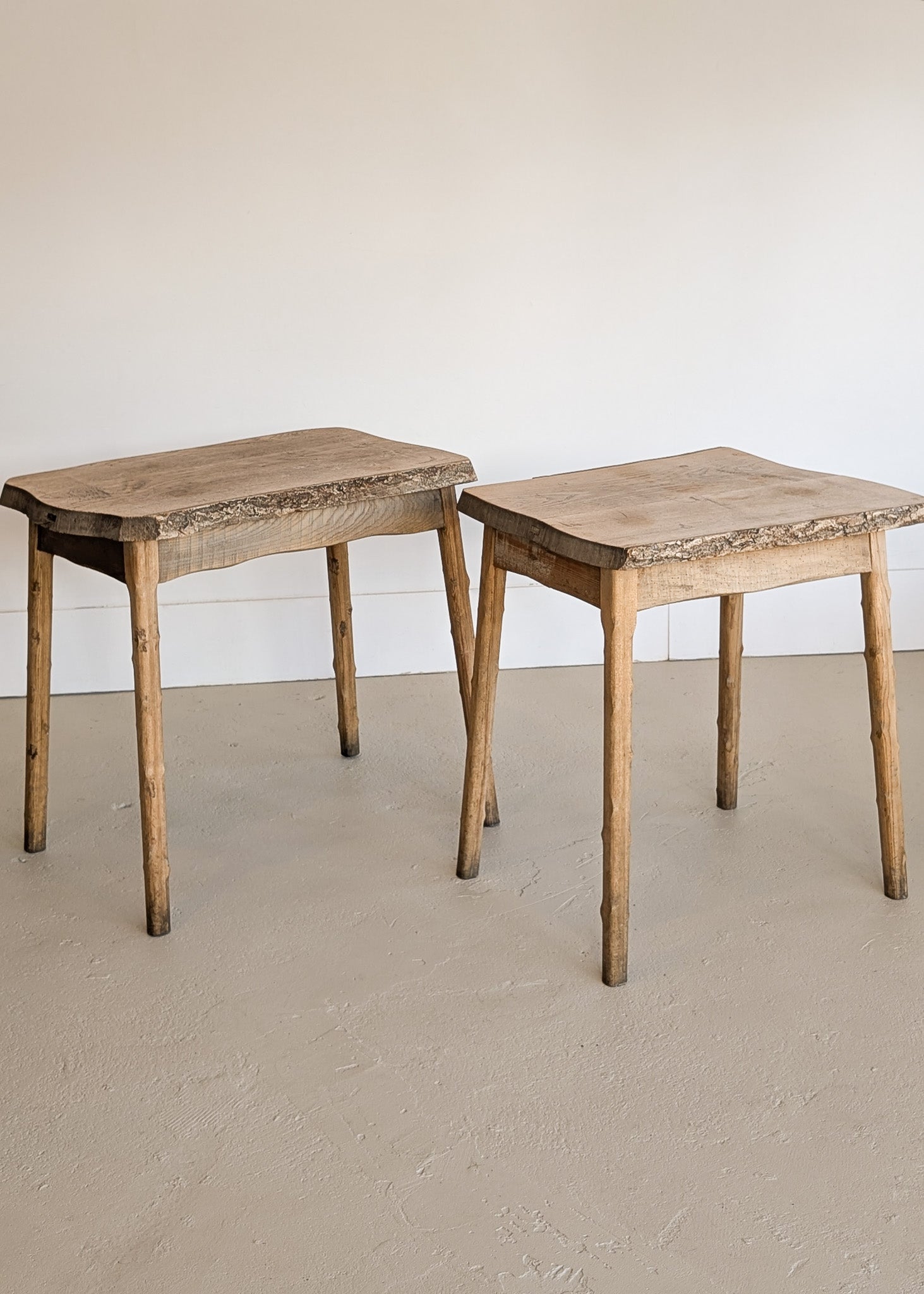 Pair of Midcentury French Brutalist Live Edge Elm Wood Side Tables