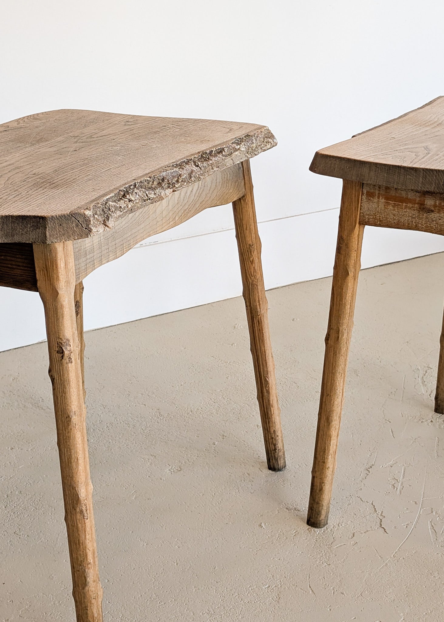 Pair of Midcentury French Brutalist Live Edge Elm Wood Side Tables