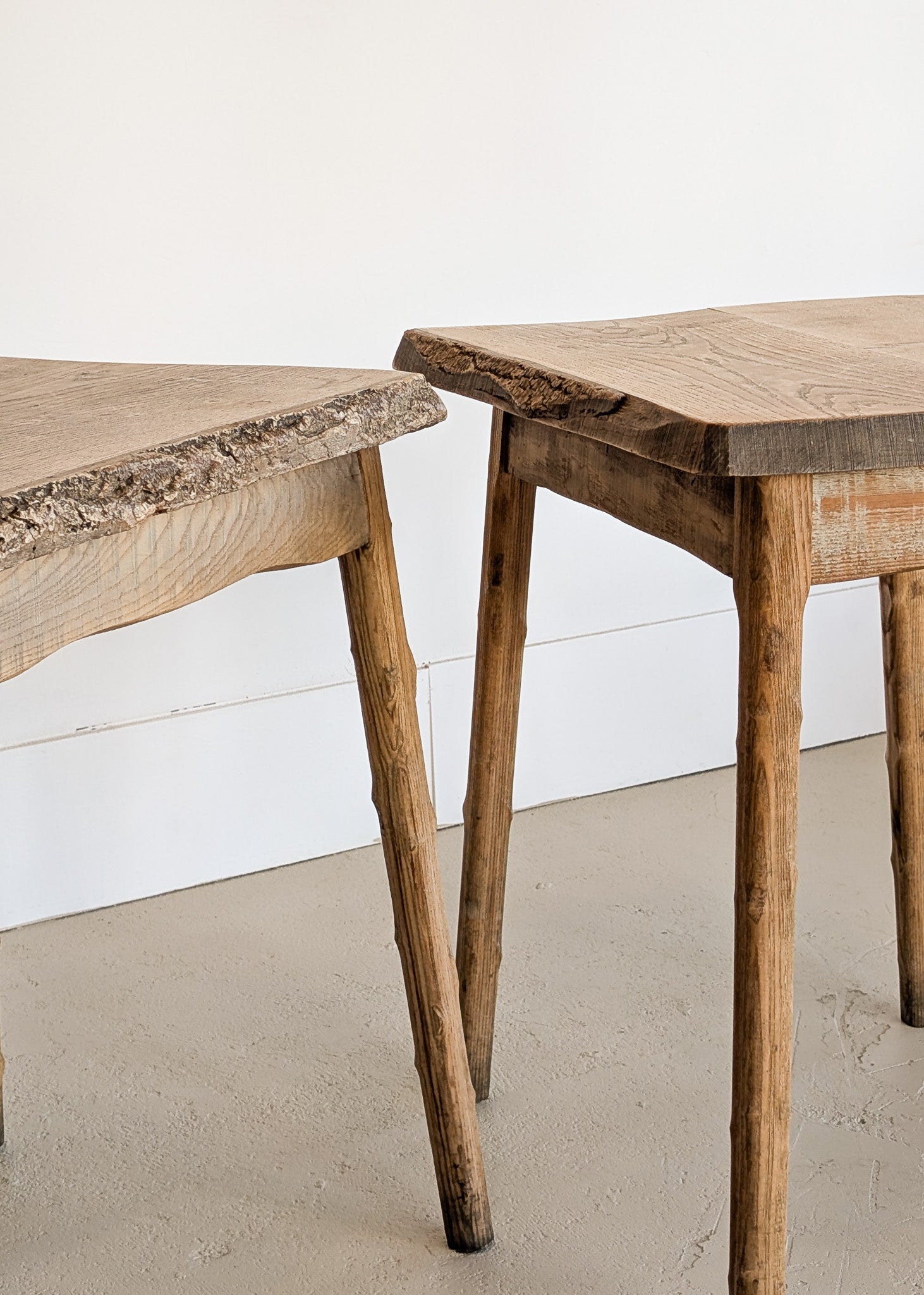 Pair of Midcentury French Brutalist Live Edge Elm Wood Side Tables