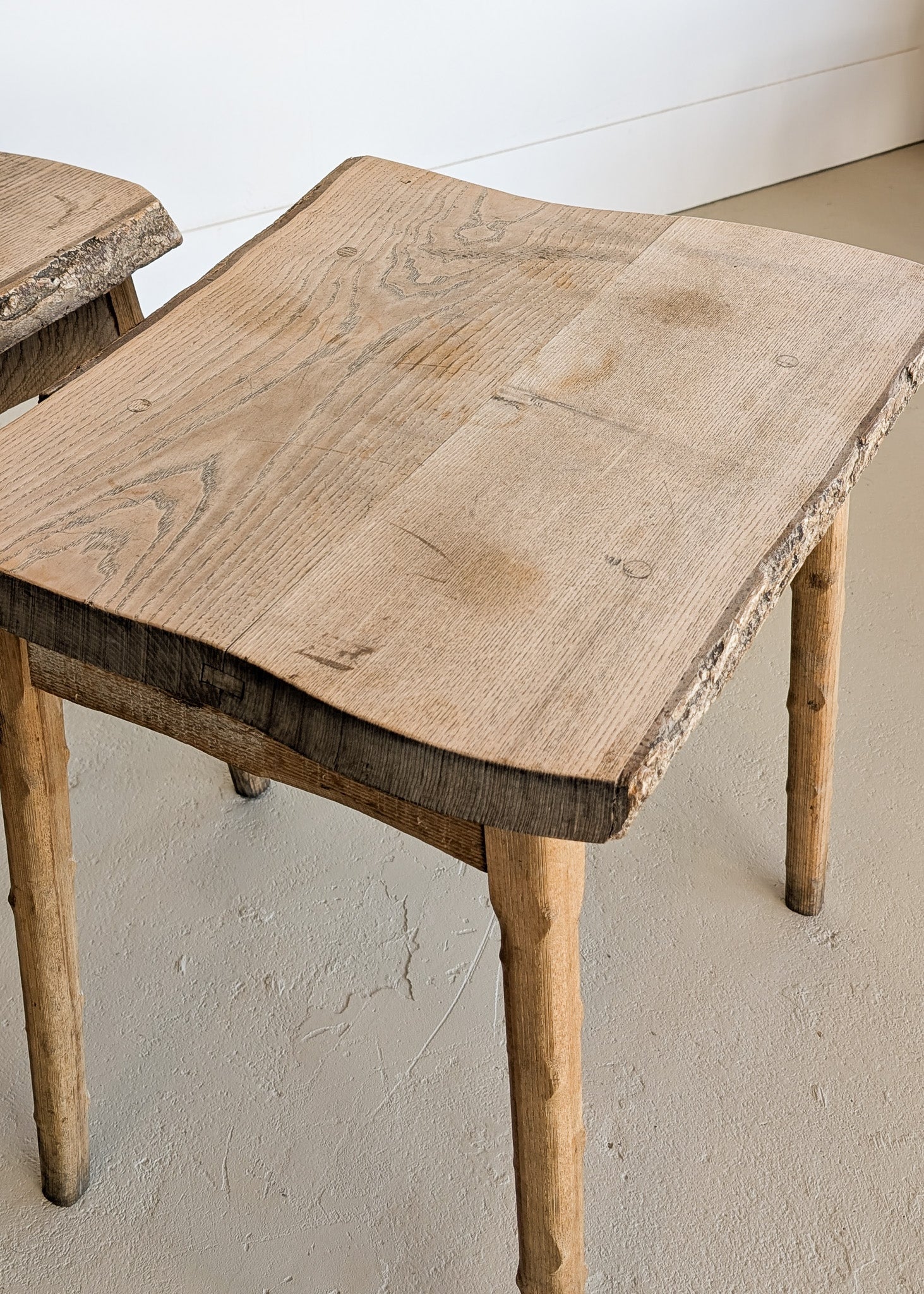 Pair of Midcentury French Brutalist Live Edge Elm Wood Side Tables