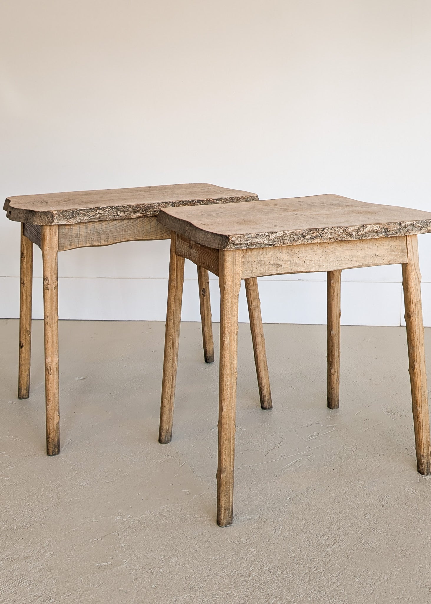 Pair of Midcentury French Brutalist Live Edge Elm Wood Side Tables