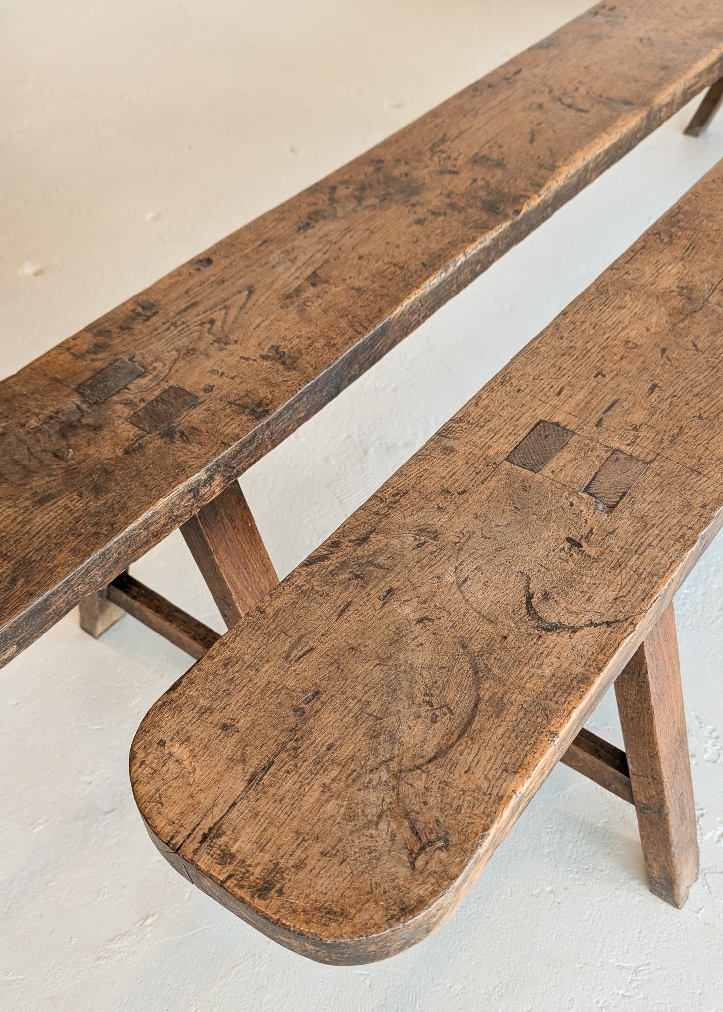 1900s Antique French Primitive Long Wooden Bench with Mortise and Tenon Joints - Sold Individually