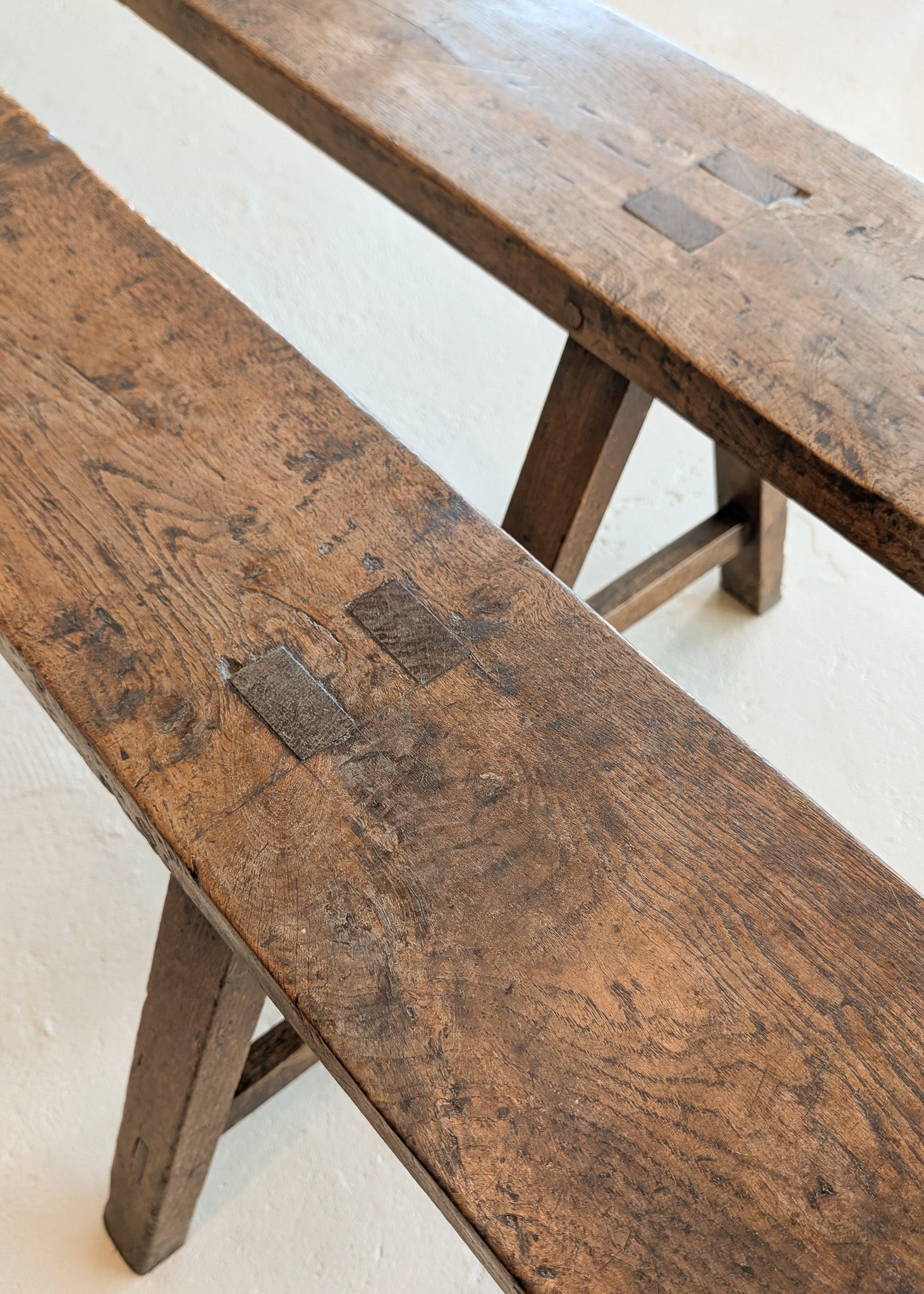 1900s Antique French Primitive Long Wooden Bench with Mortise and Tenon Joints - Sold Individually