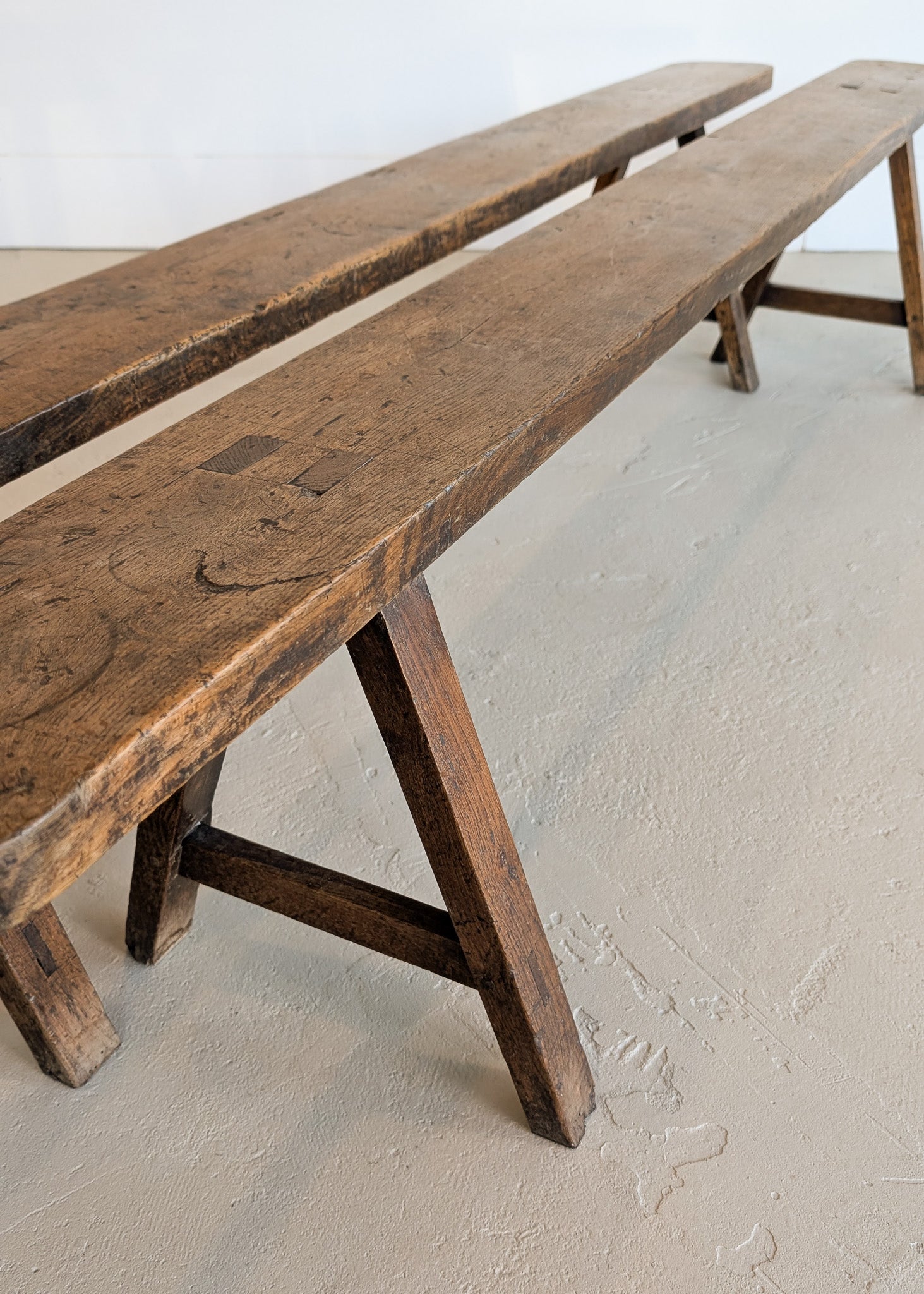 1900s Antique French Primitive Long Wooden Bench with Mortise and Tenon Joints - Sold Individually