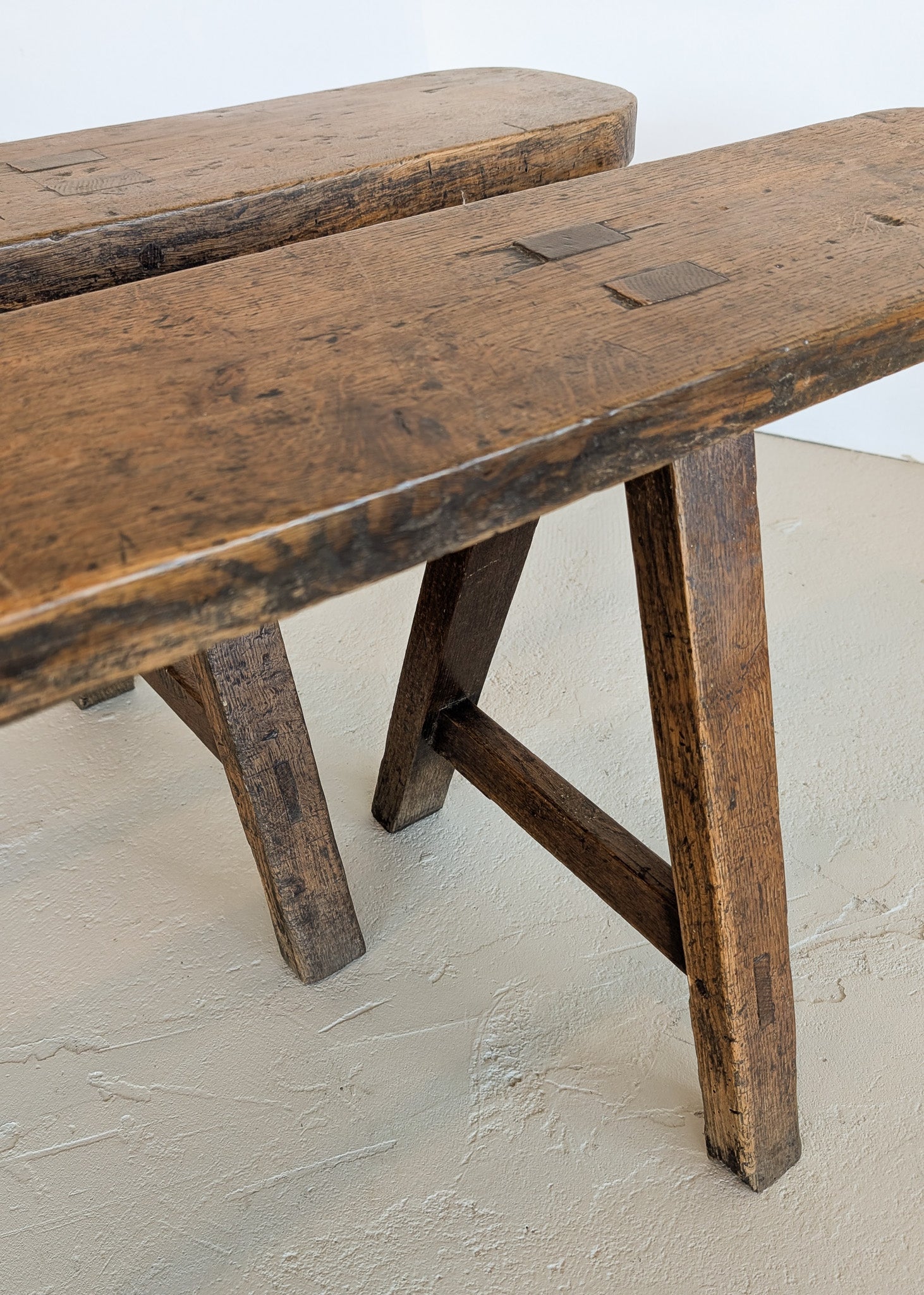 1900s Antique French Primitive Long Wooden Bench with Mortise and Tenon Joints - Sold Individually