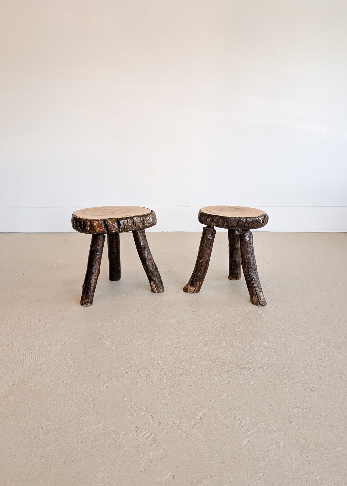 Pair of Midcentury French Brutalist Live Edge Stools/Side Tables