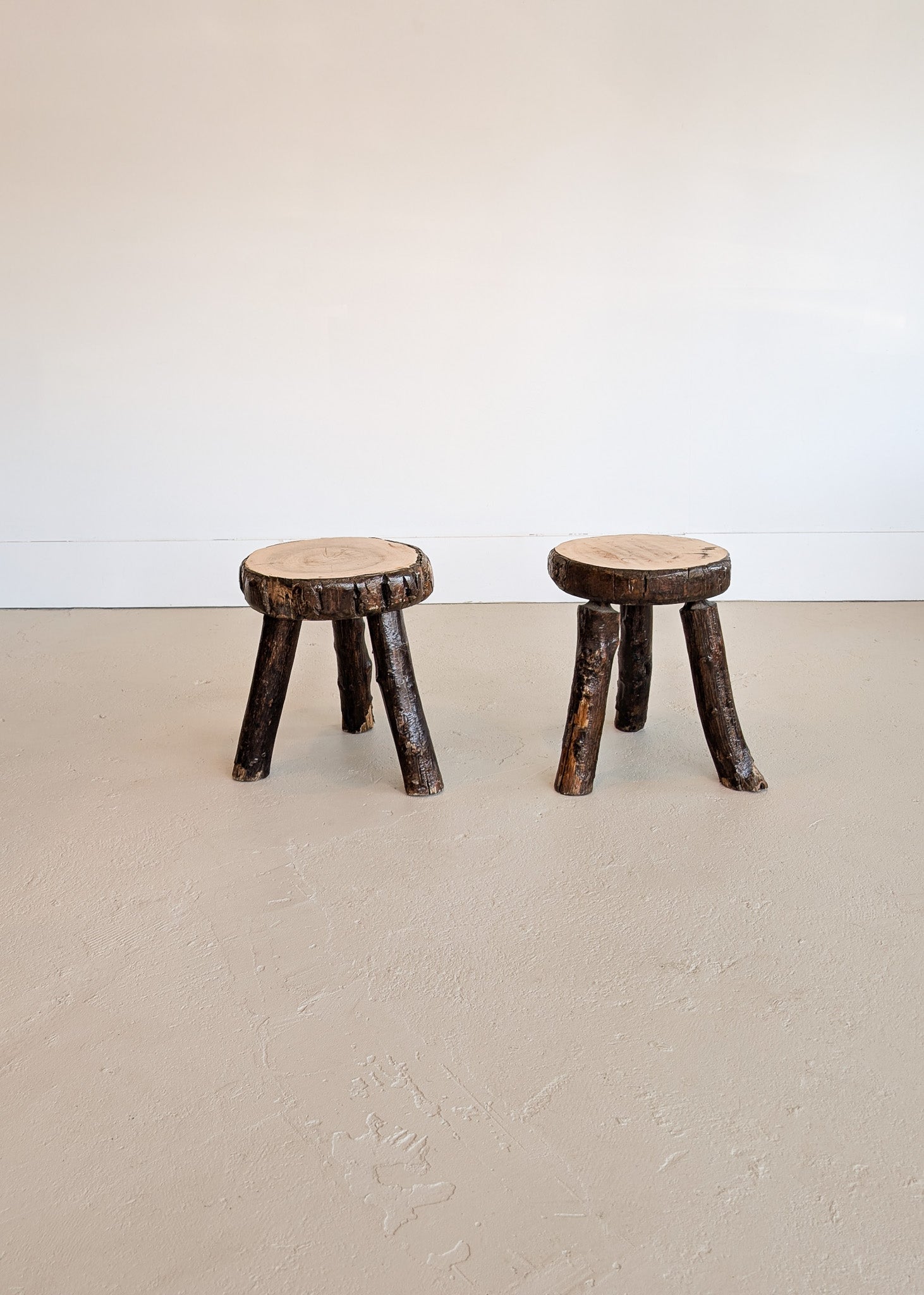 Pair of Midcentury French Brutalist Live Edge Stools/Side Tables