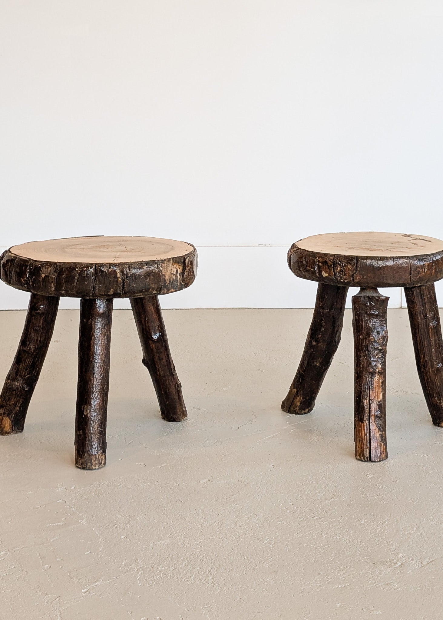 Pair of Midcentury French Brutalist Live Edge Stools/Side Tables