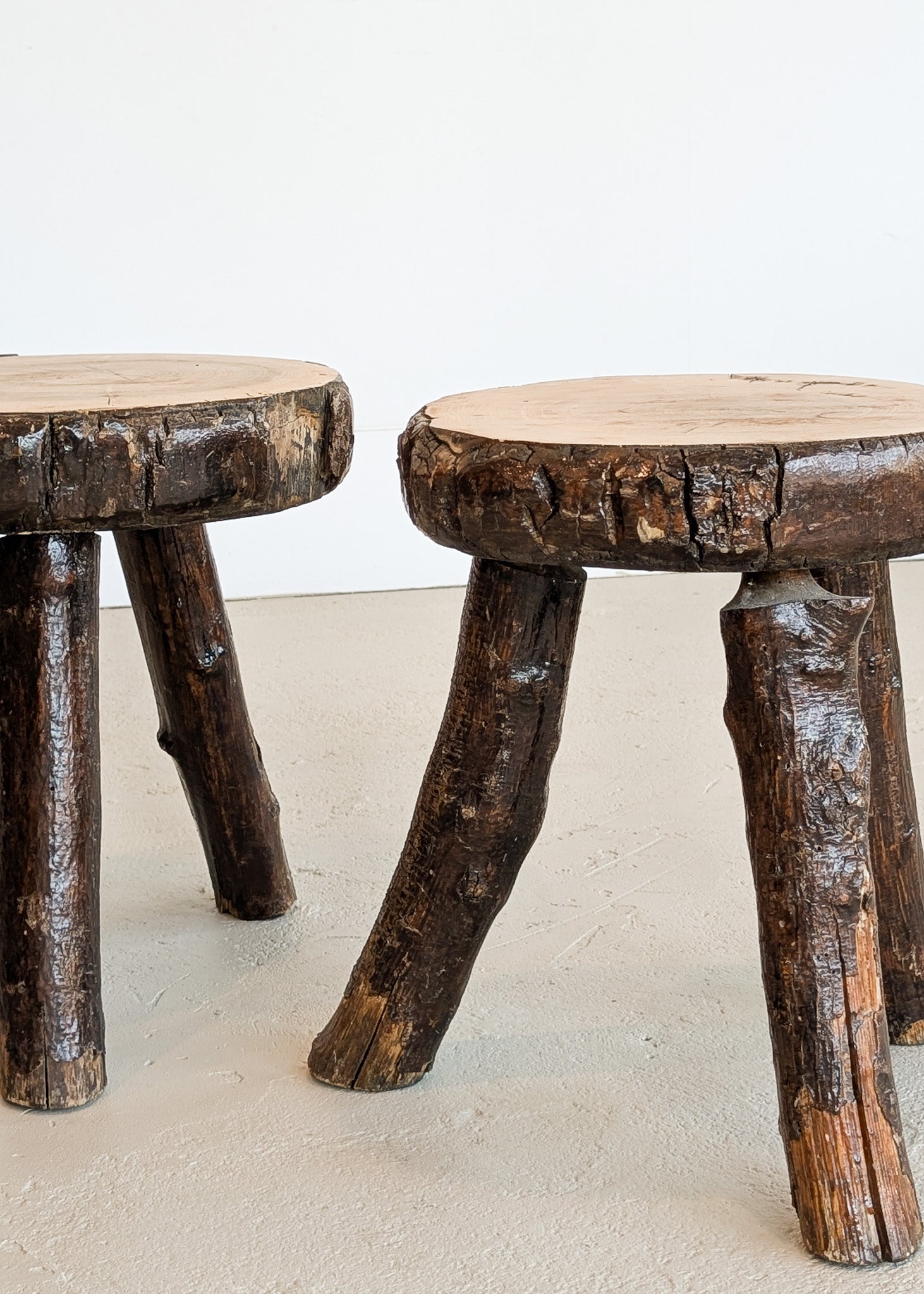 Pair of Midcentury French Brutalist Live Edge Stools/Side Tables