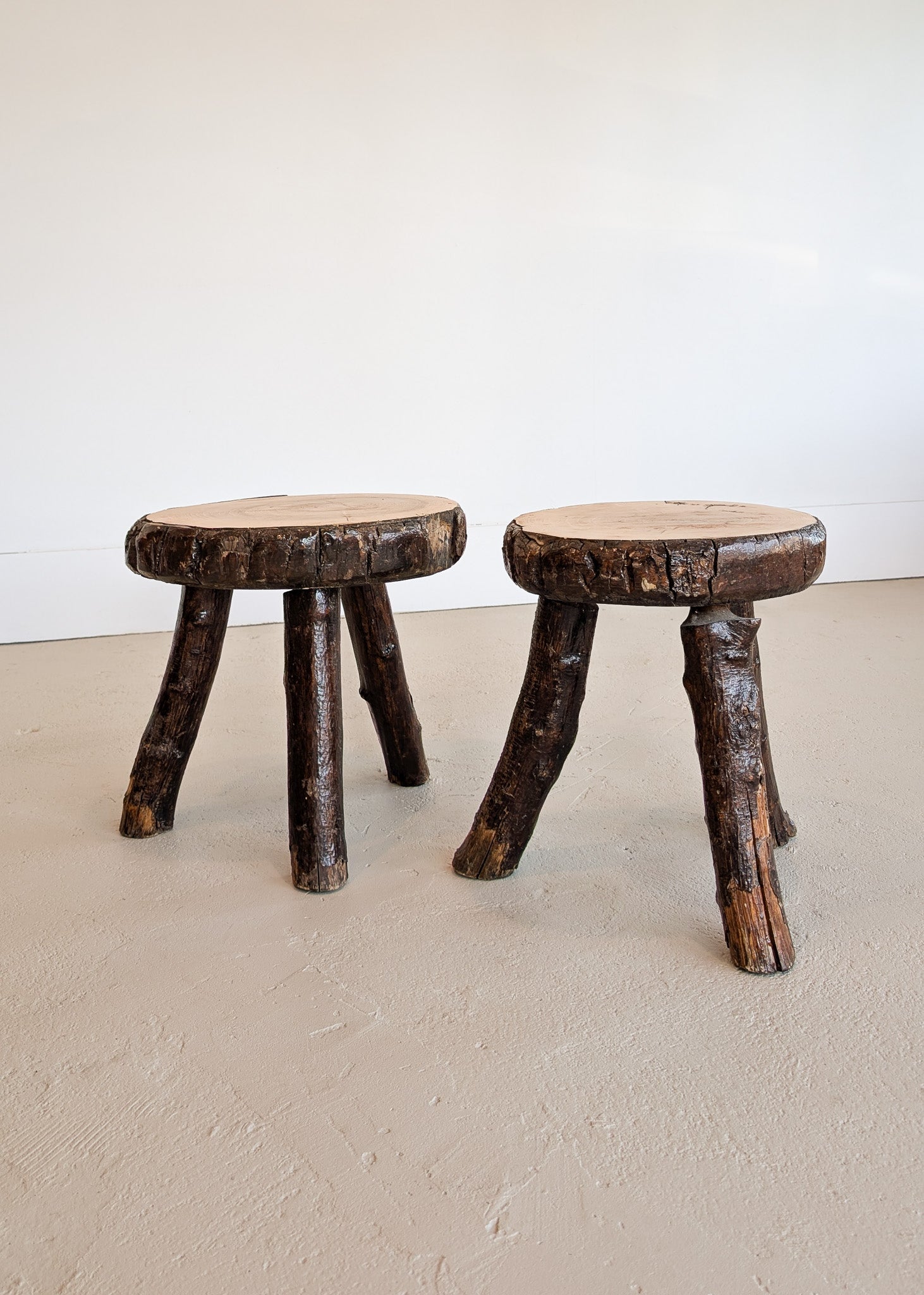 Pair of Midcentury French Brutalist Live Edge Stools/Side Tables