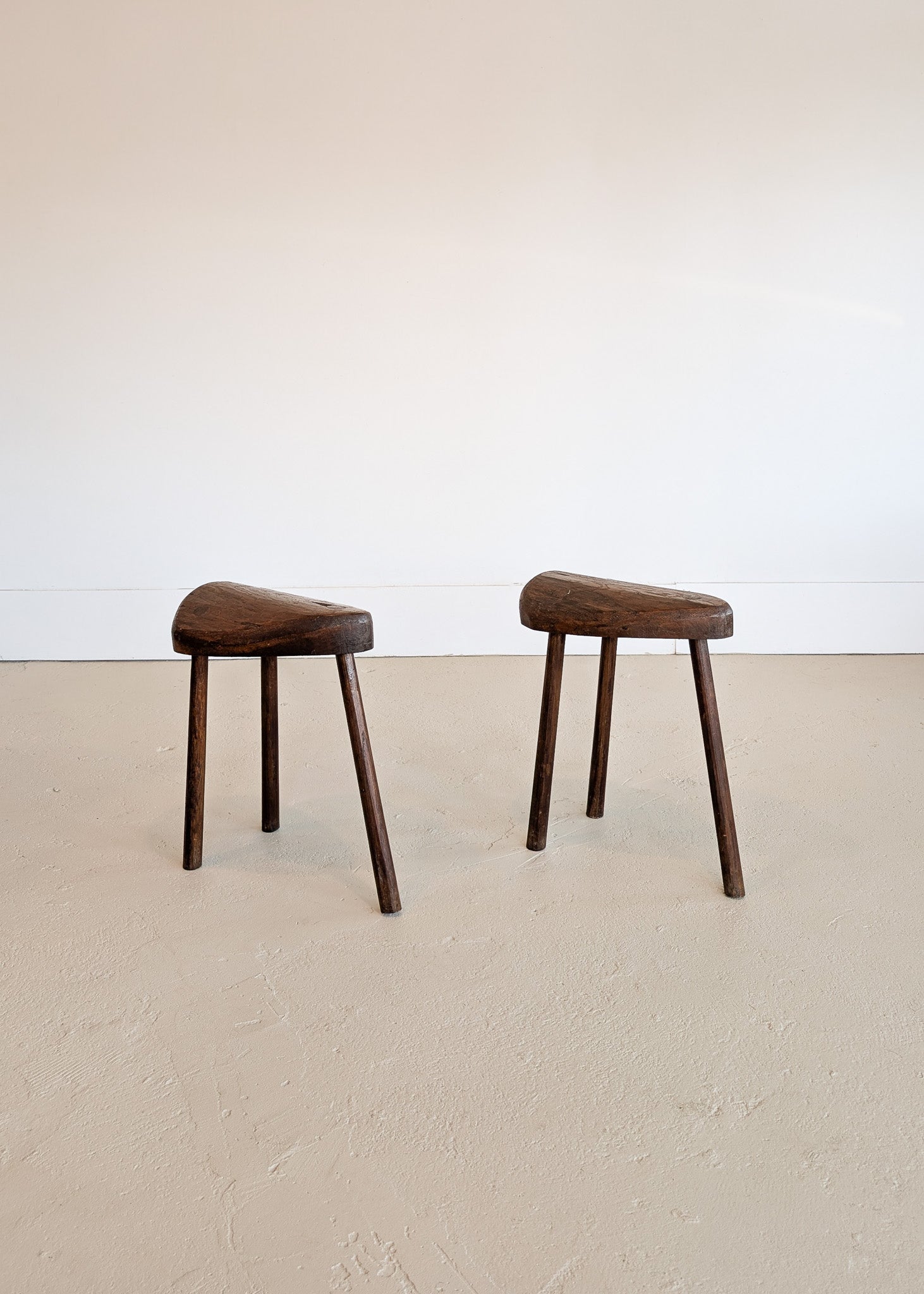 Pair of Midcentury French Wooden Milking Stools with Rounded Edges