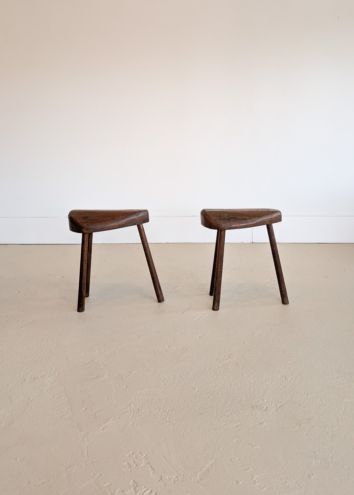 Pair of Midcentury French Wooden Milking Stools with Rounded Edges