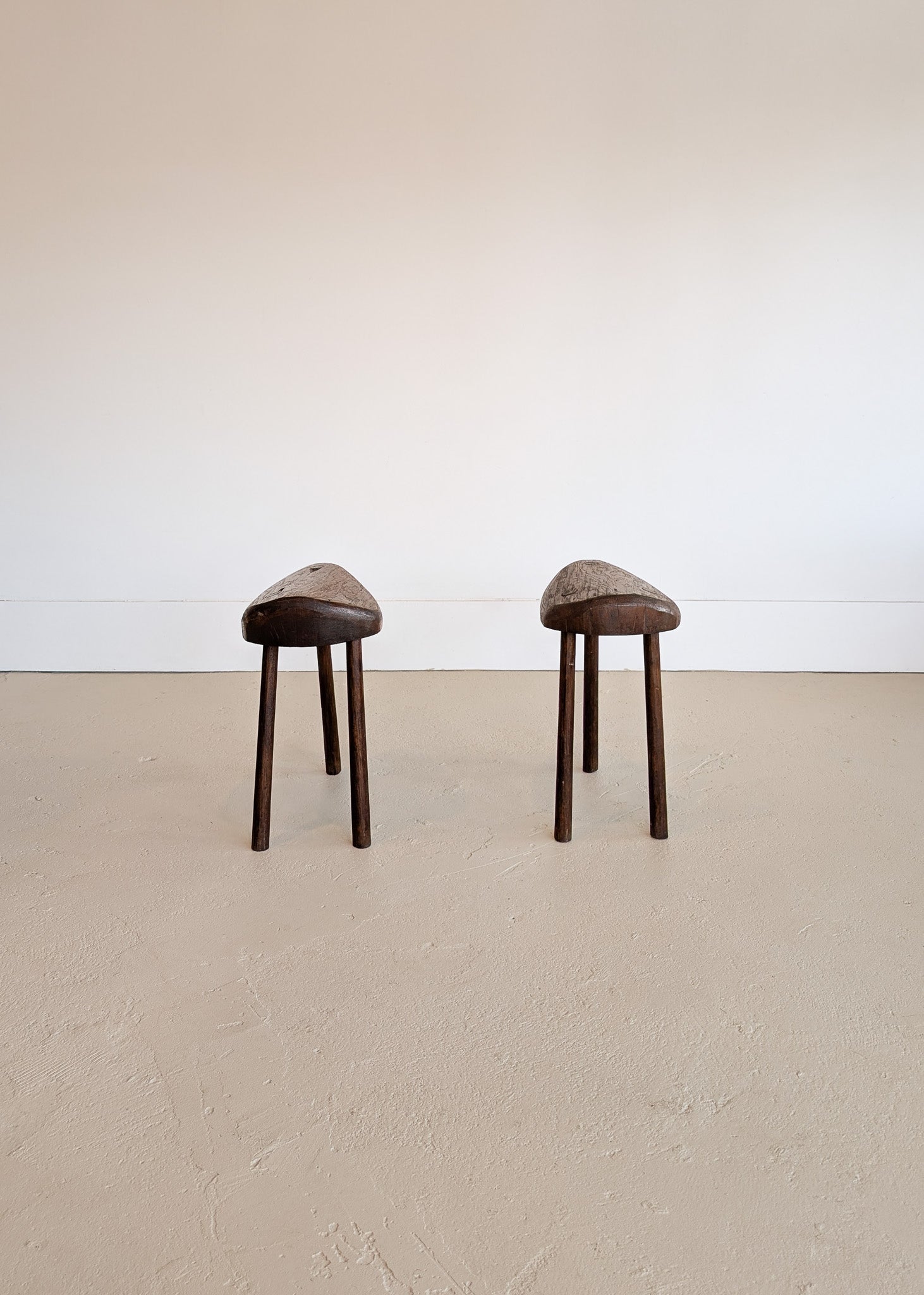 Pair of Midcentury French Wooden Milking Stools with Rounded Edges