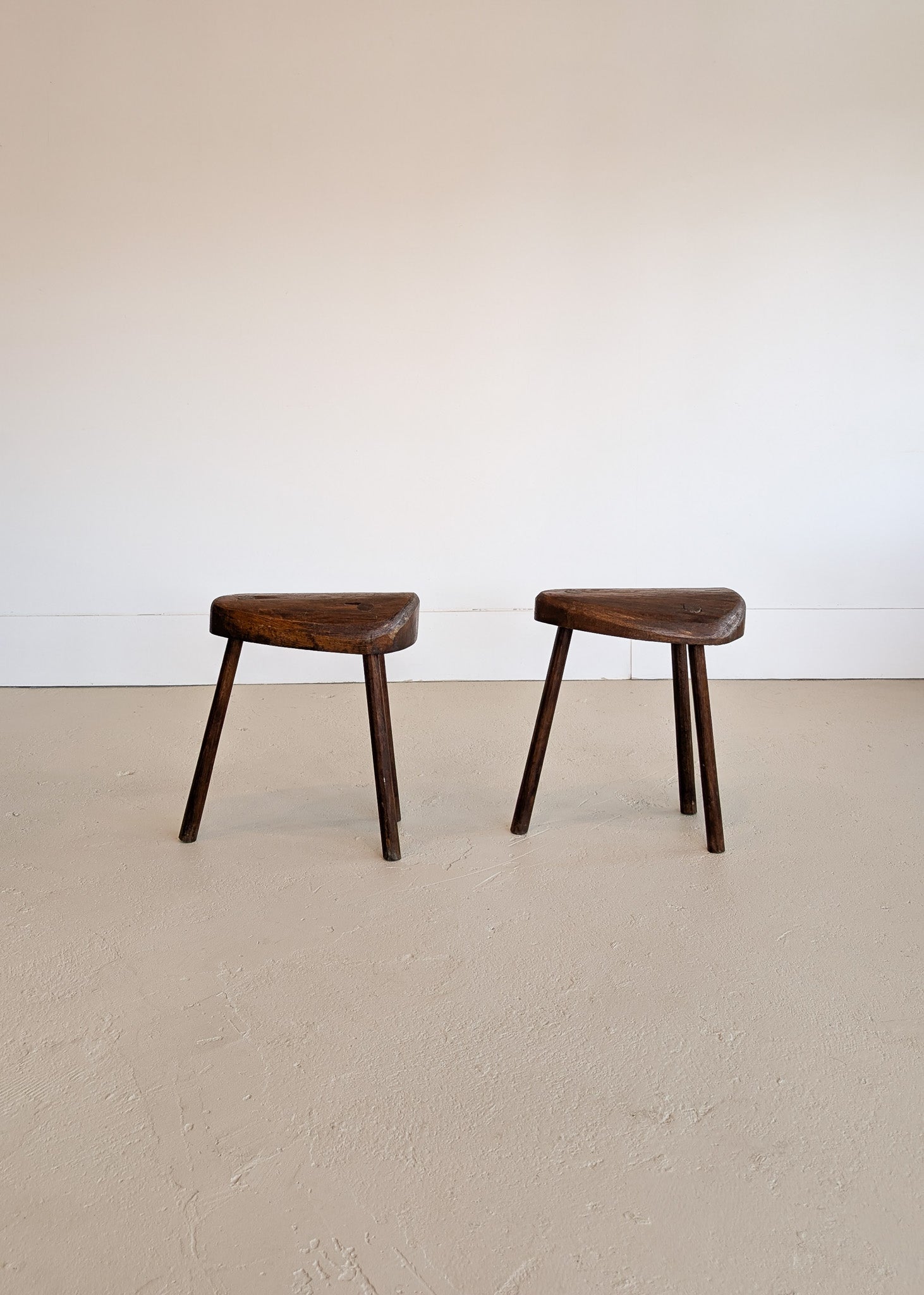 Pair of Midcentury French Wooden Milking Stools with Rounded Edges