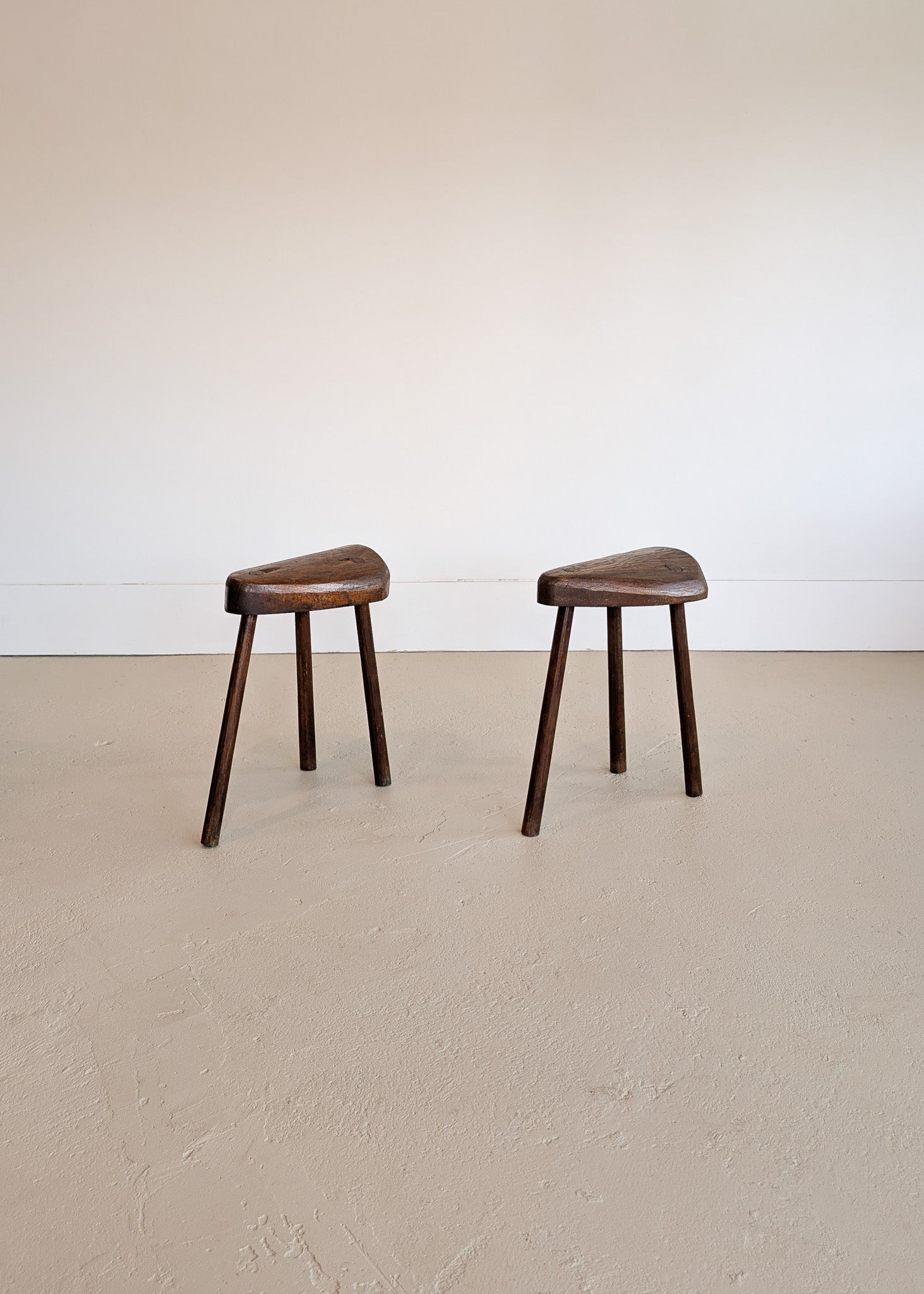 Pair of Midcentury French Wooden Milking Stools with Rounded Edges