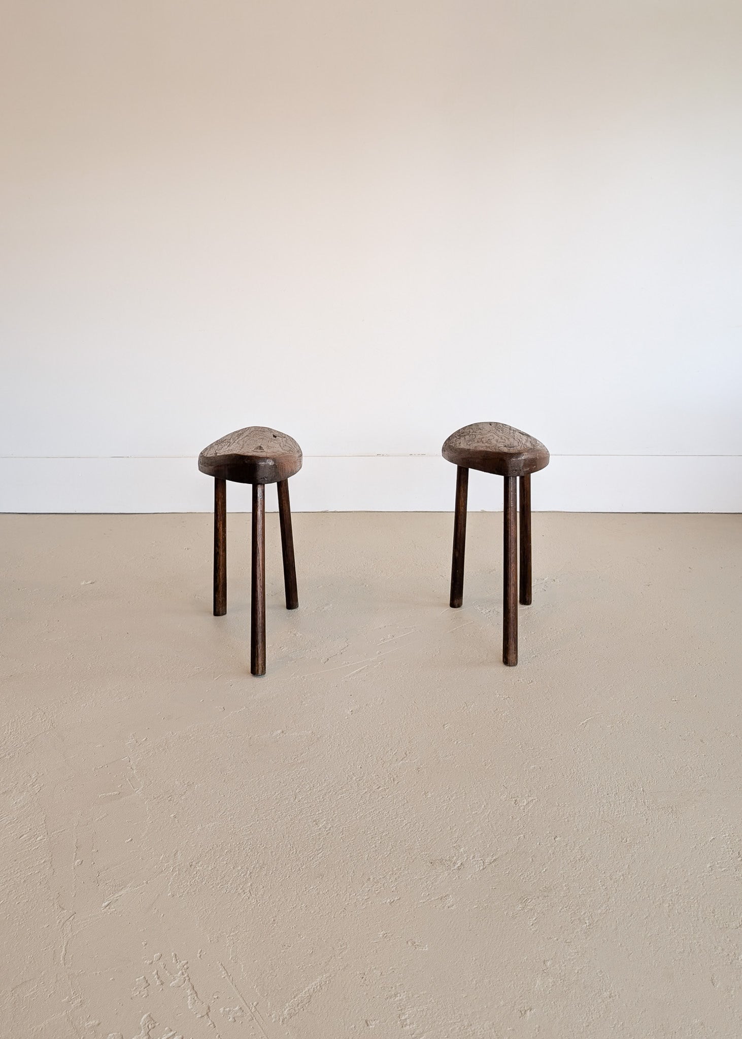 Pair of Midcentury French Wooden Milking Stools with Rounded Edges