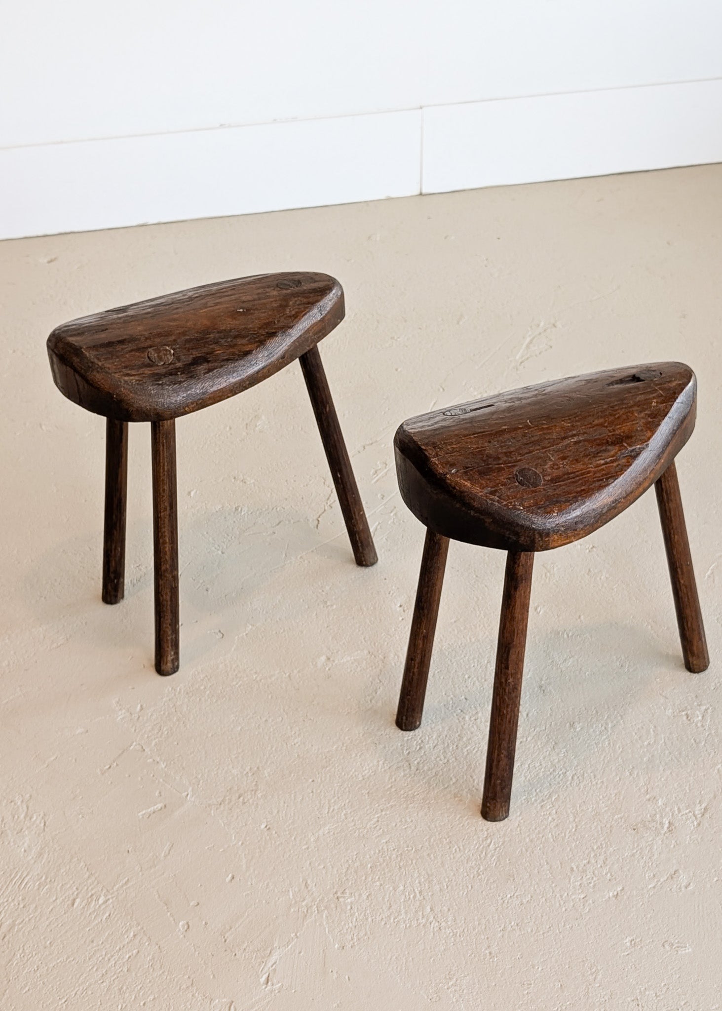 Pair of Midcentury French Wooden Milking Stools with Rounded Edges