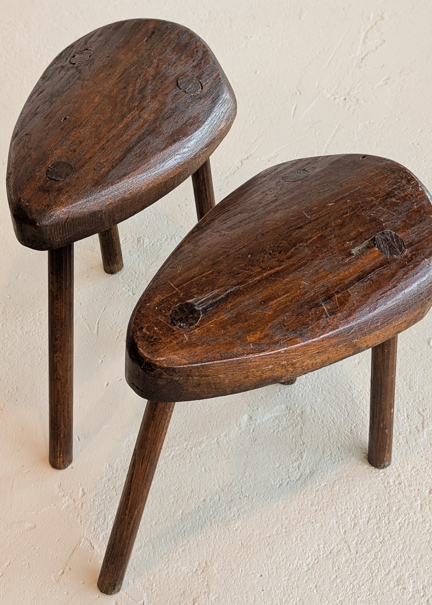 Pair of Midcentury French Wooden Milking Stools with Rounded Edges