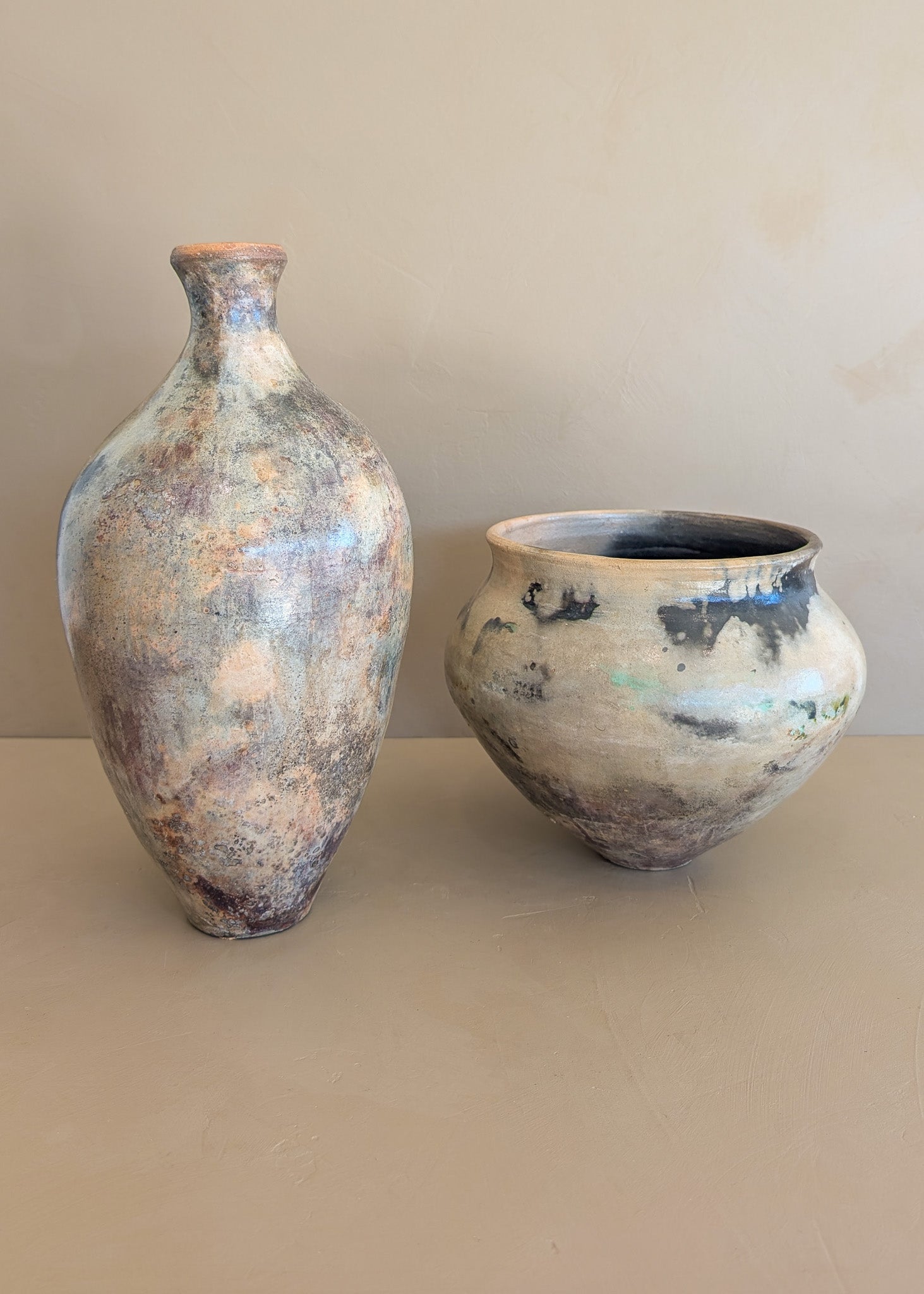 Tall Neutral Signed Studio Pottery Ovoid Raku Vase